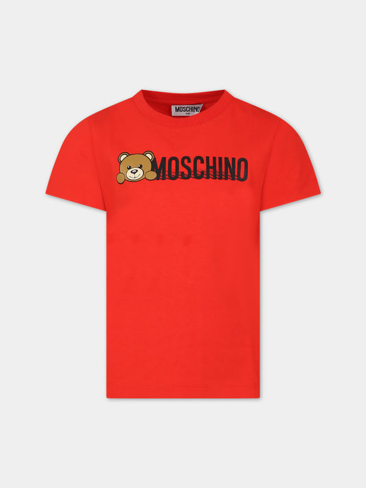 T-shirt rossa per bambini con Teddy Bear e logo,Moschino Kids,HWM03U LAA34 50109