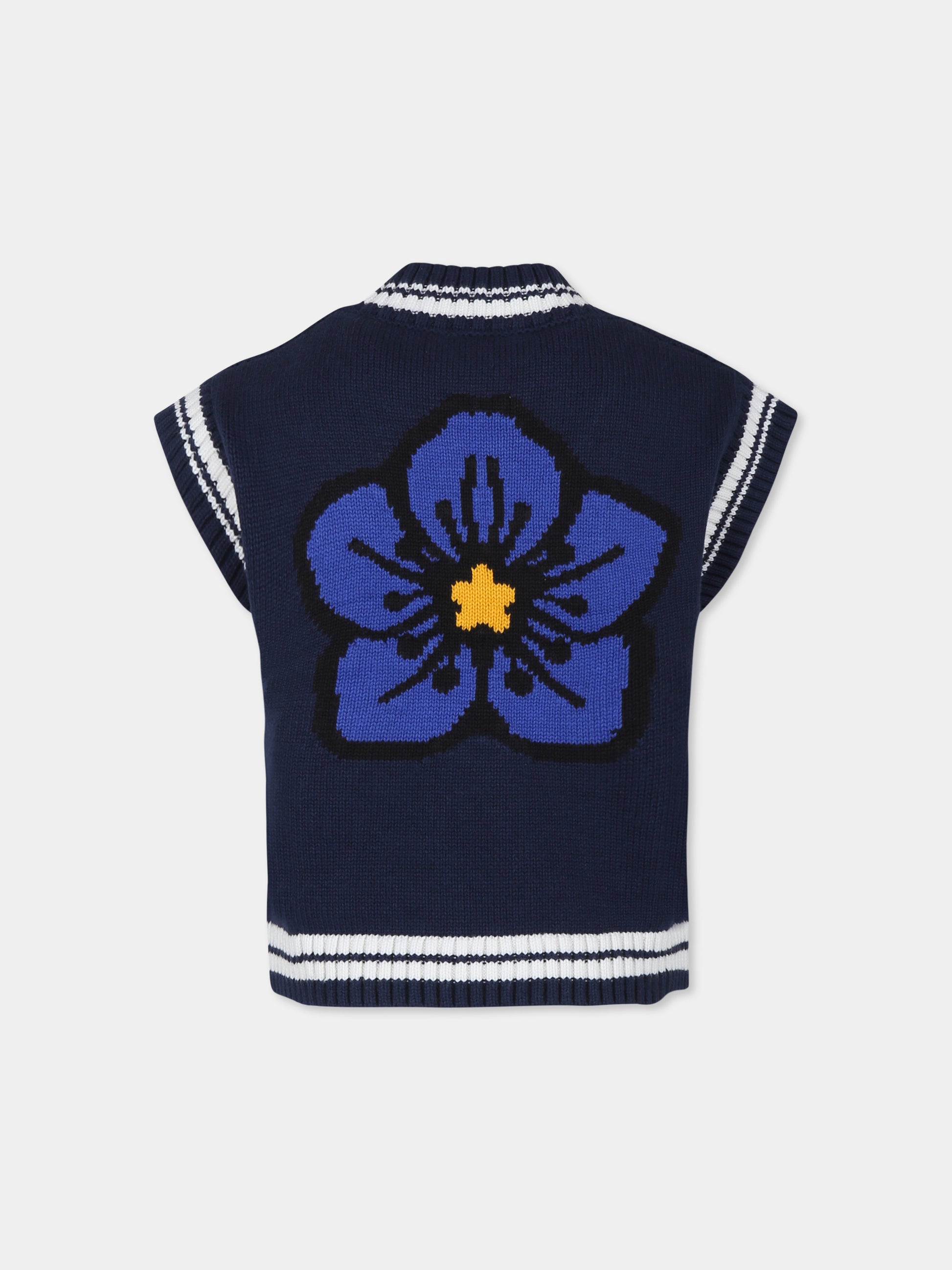 Maglia gilet blu per bambino con logo e fiore,Kenzo Kids,K60667 84A