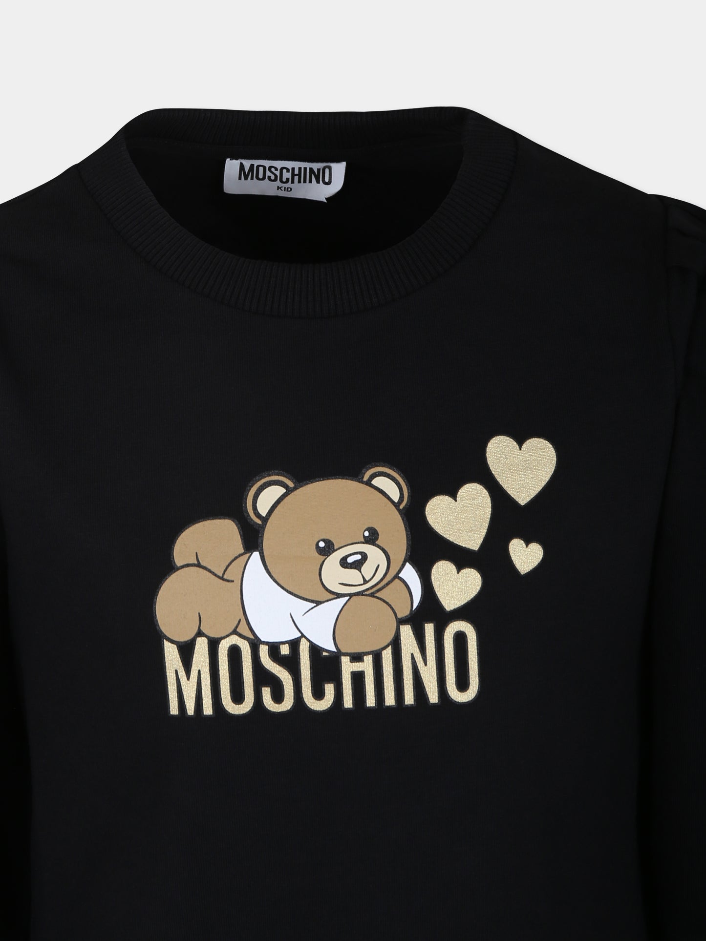 Vestito nero per bambina con Teddy Bear sdraiato e cuori,Moschino Kids,HDV0FC LDA16 60100