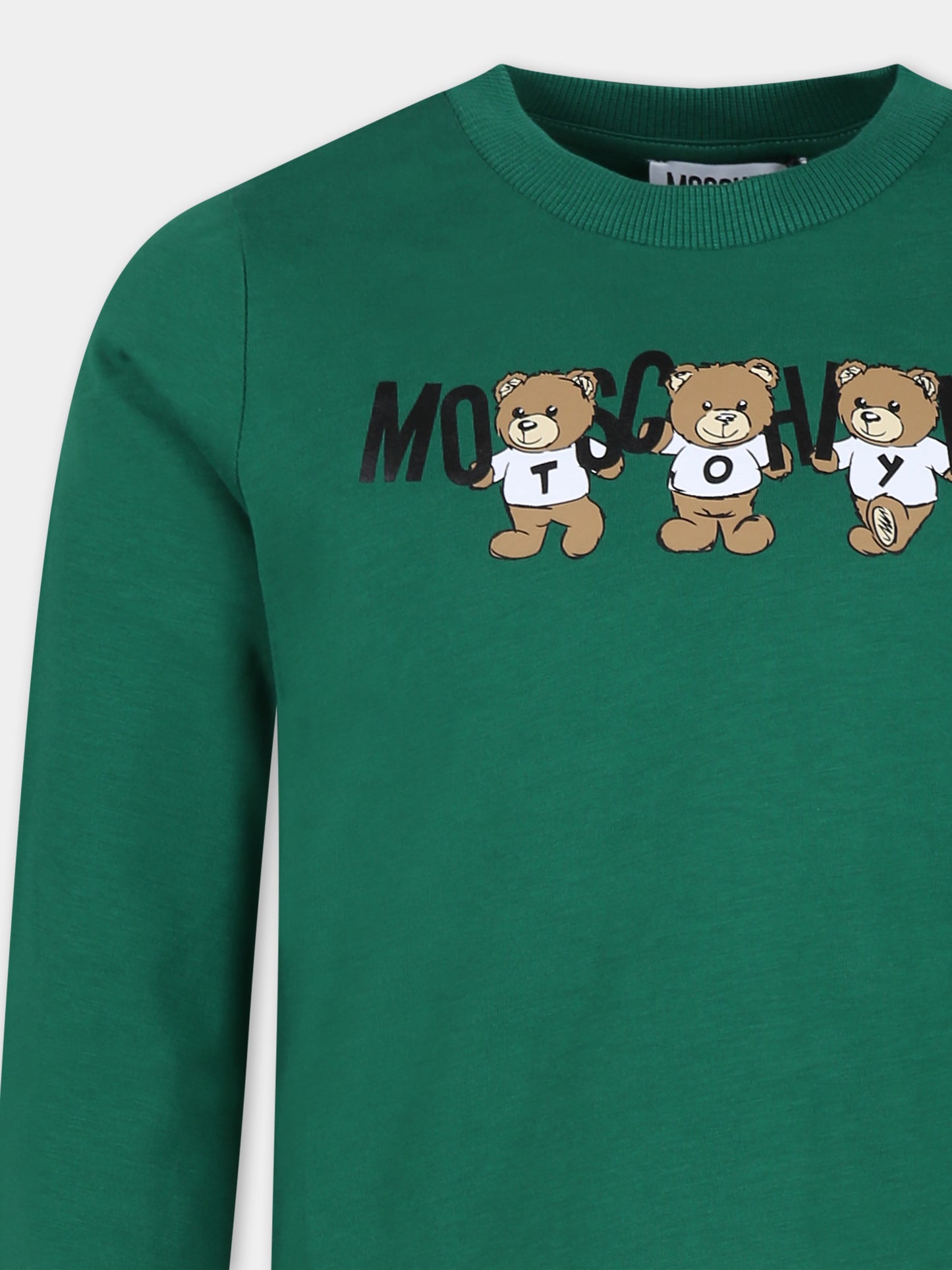 T-shirt verde per bambini con tre Teddy Bears,Moschino Kids,HQO00J LAA10 30139