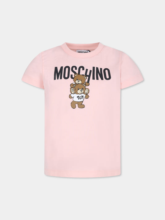 T-shirt rosa per bambina con due Teddy Bears,Moschino Kids,HVM04K LAA01 50209