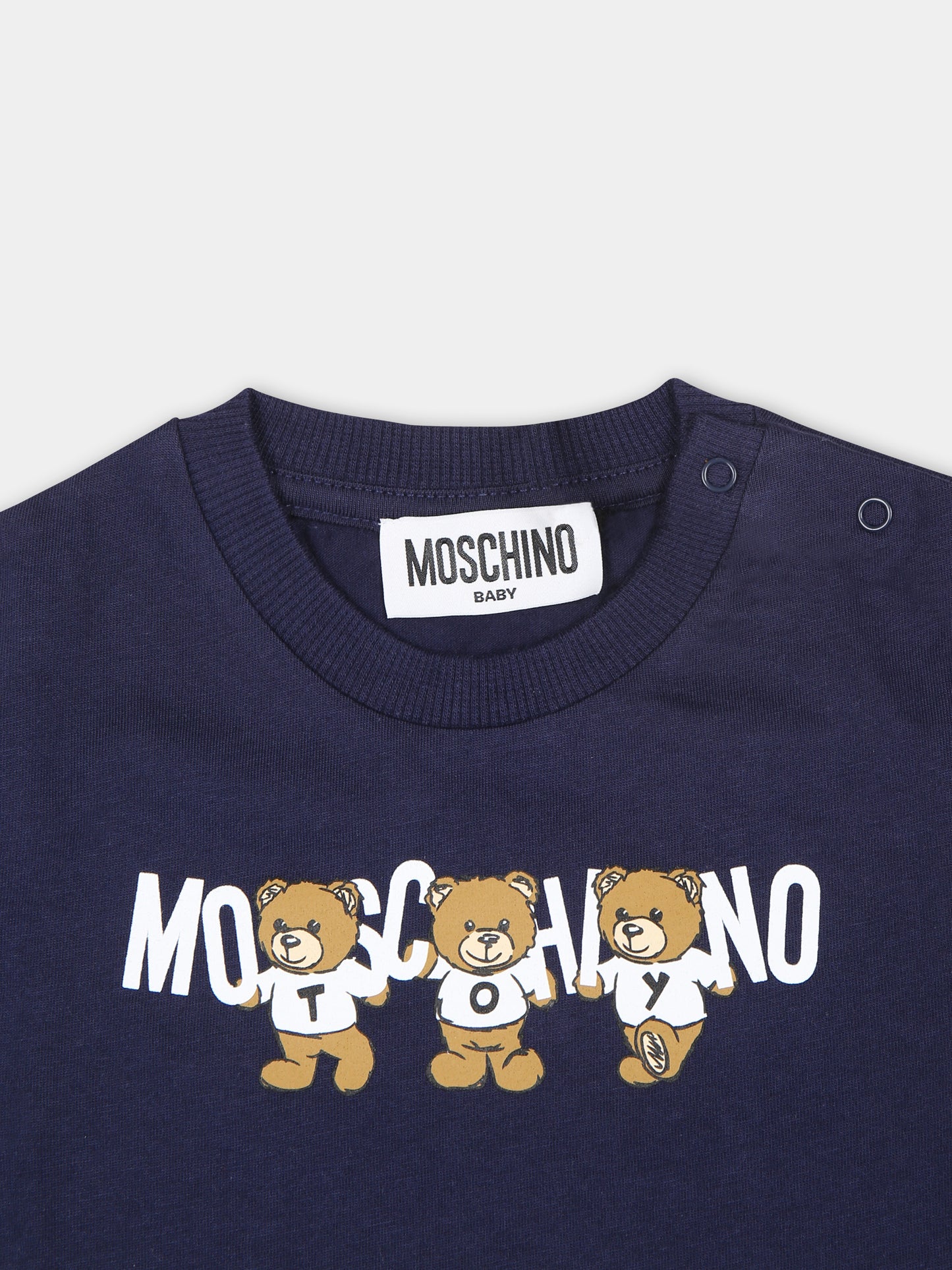 T-shirt blu per neonati con tre Teddy Bears,Moschino Kids,M7M032 LAA10 40016