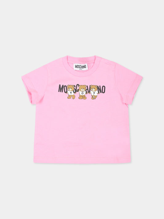 T-shirt rosa per neonata con tre Teddy Bears,Moschino Kids,M7M032 LAA10 50243