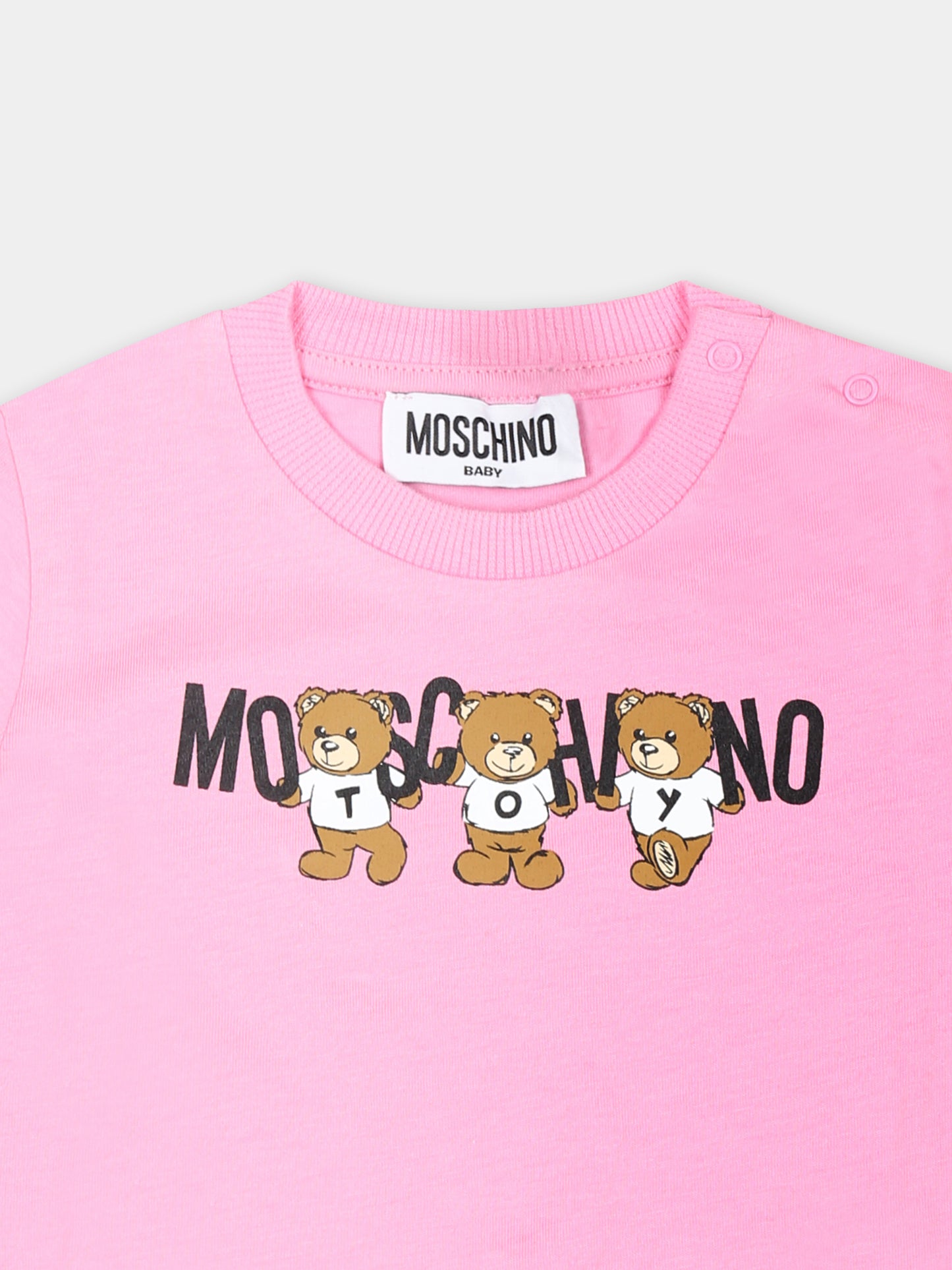 T-shirt rosa per neonata con tre Teddy Bears,Moschino Kids,M7M032 LAA10 50243