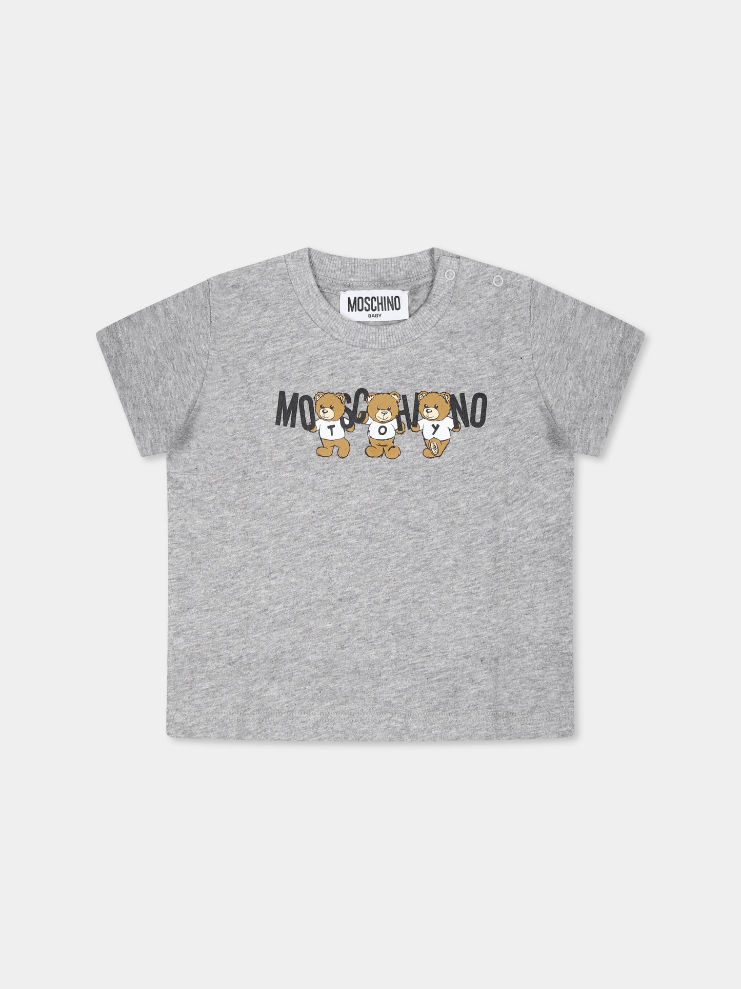 T-shirt grigia per neonati con tre Teddy Bears,Moschino Kids,M7M032 LAA10 60901