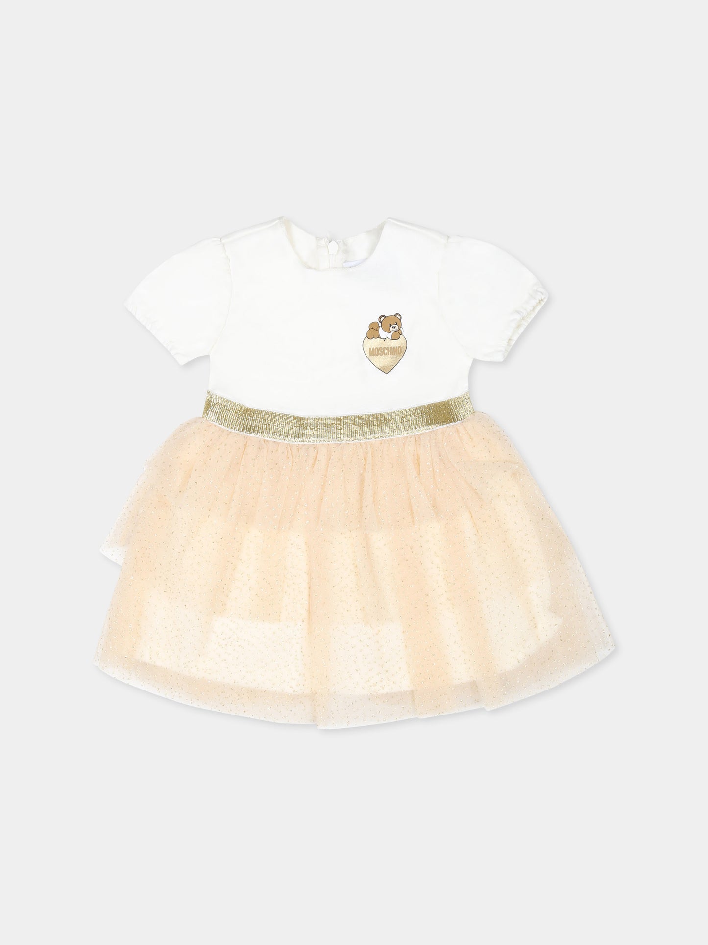 Vestito avorio per neonata con Teddy Bear e cuore,Moschino Kids,MDV0BH LJA00 84545