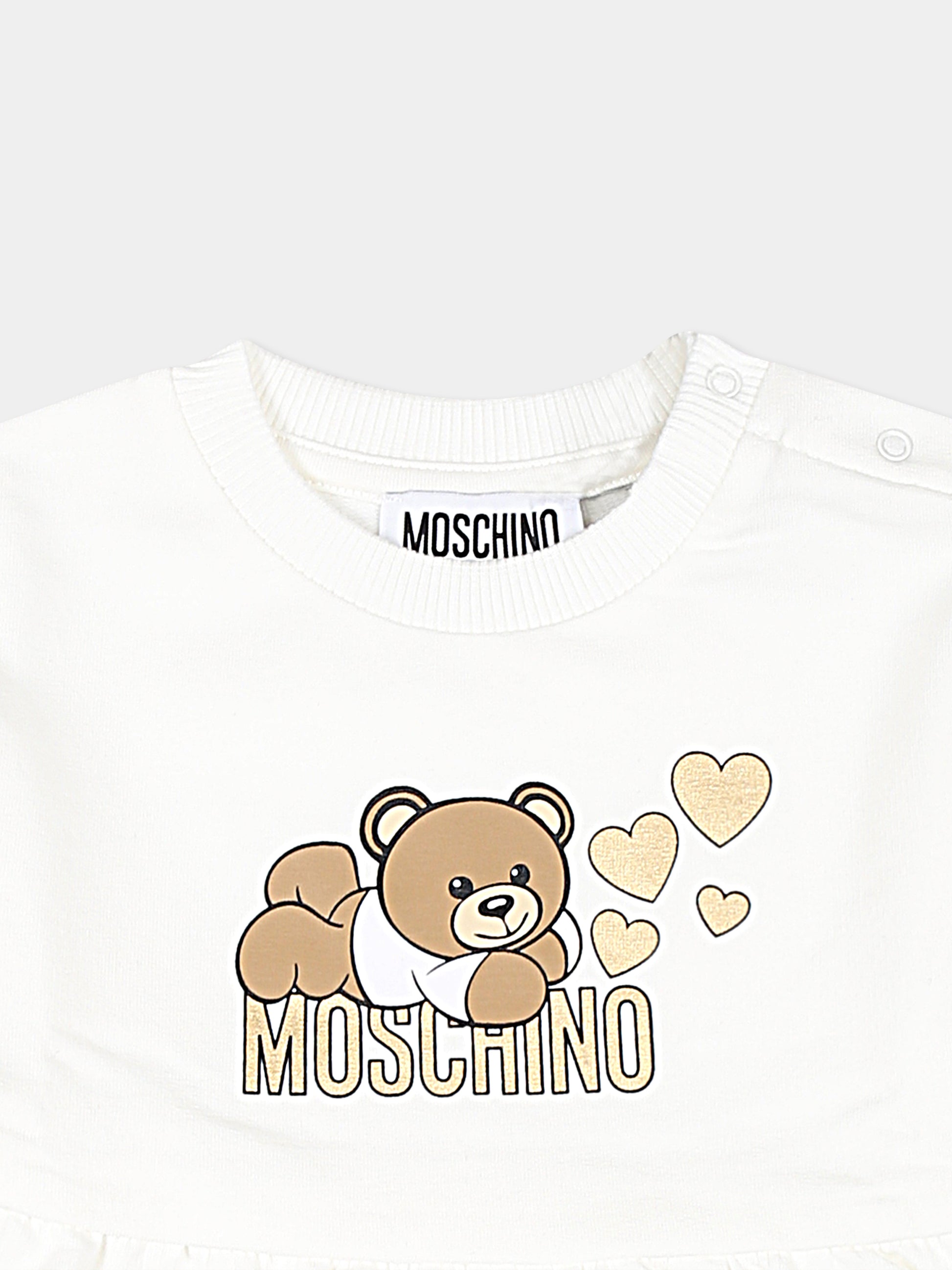 Vestito avorio per neonata con Teddy Bear e cuori,Moschino Kids,MDV0BL LDA16 10063