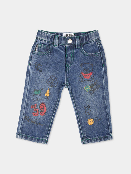 Jeans blu per neonato con logo e Teddy Bear,Moschino Kids,MUP04Z L0E29 40290