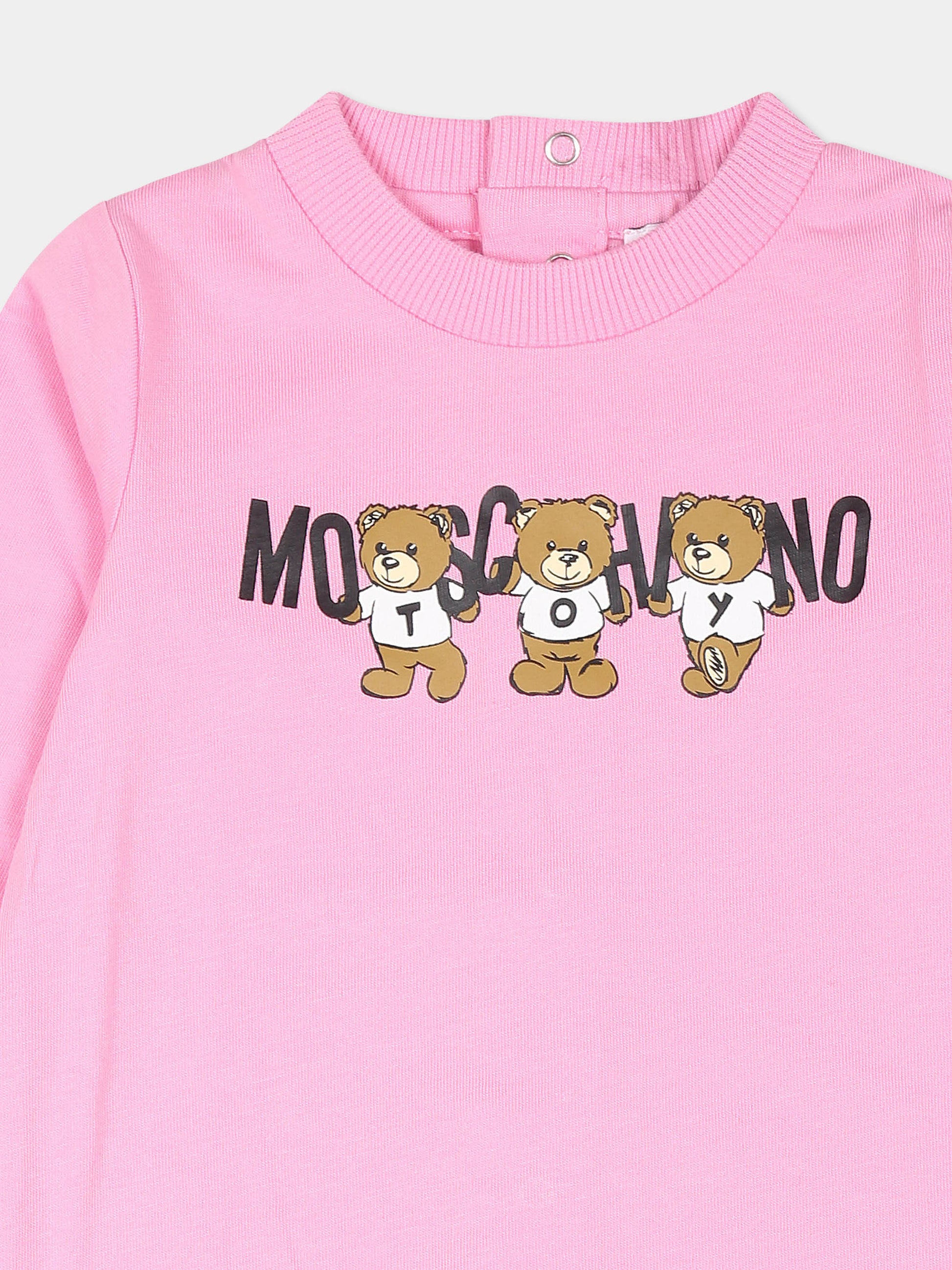 Tutina rosa per neonata con tre Teddy Bears,Moschino Kids,MUT040 LAA10 50243