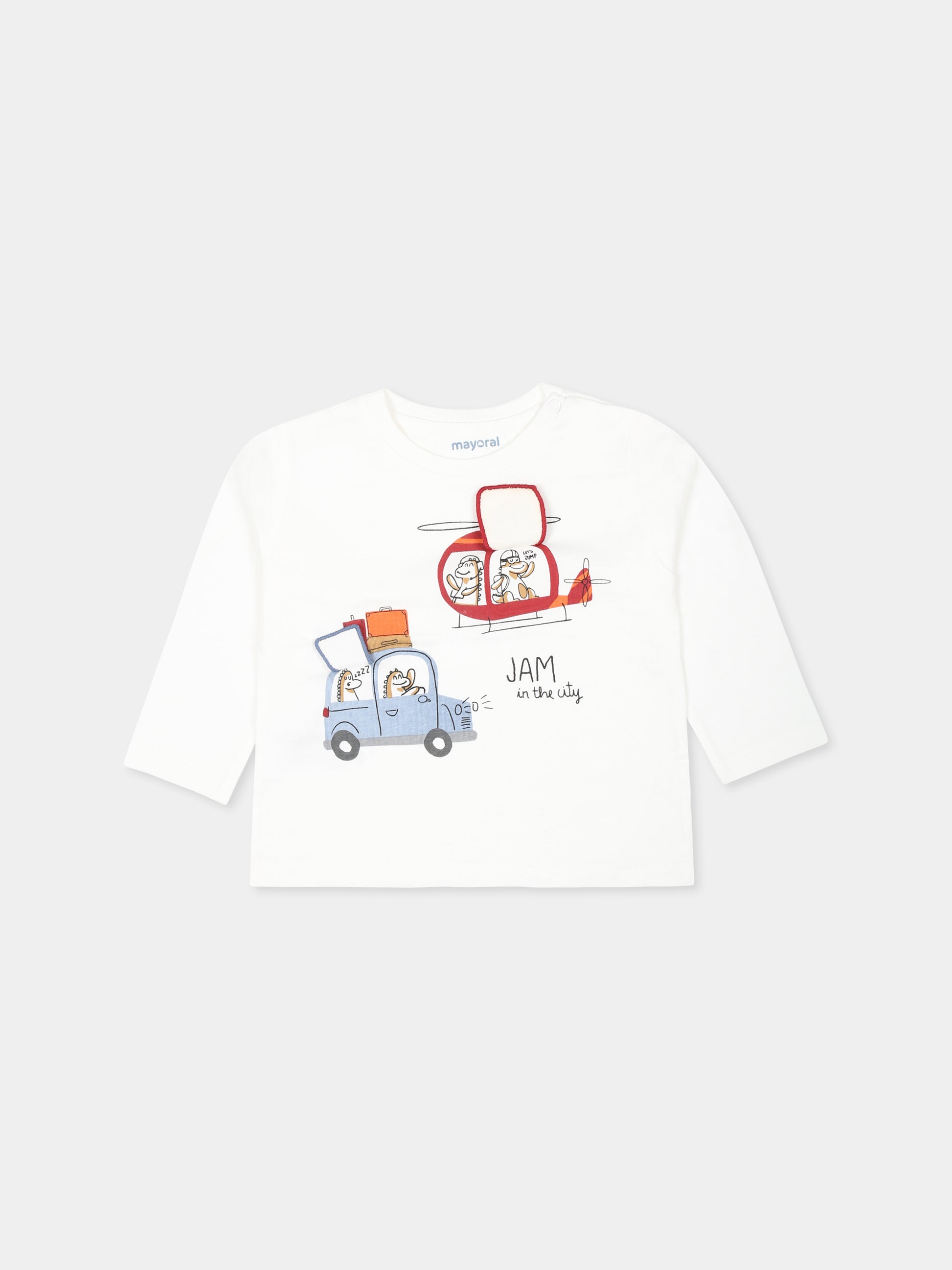 T-shirt avorio per neonato con automobile,Mayoral,2038 091