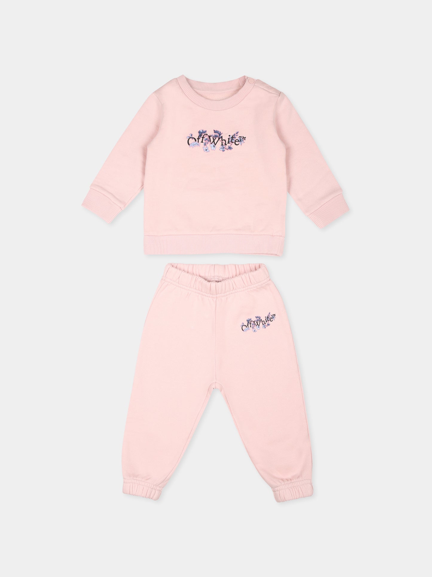 Completo rosa per neonata con logo e stampa floreale,Off White,OG2X007F24FLE0013C10