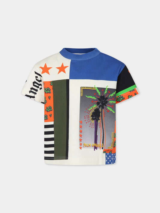 T-shirt avorio per bambino con stampa e logo,Palm Angels,PBAA003F24JER0060444