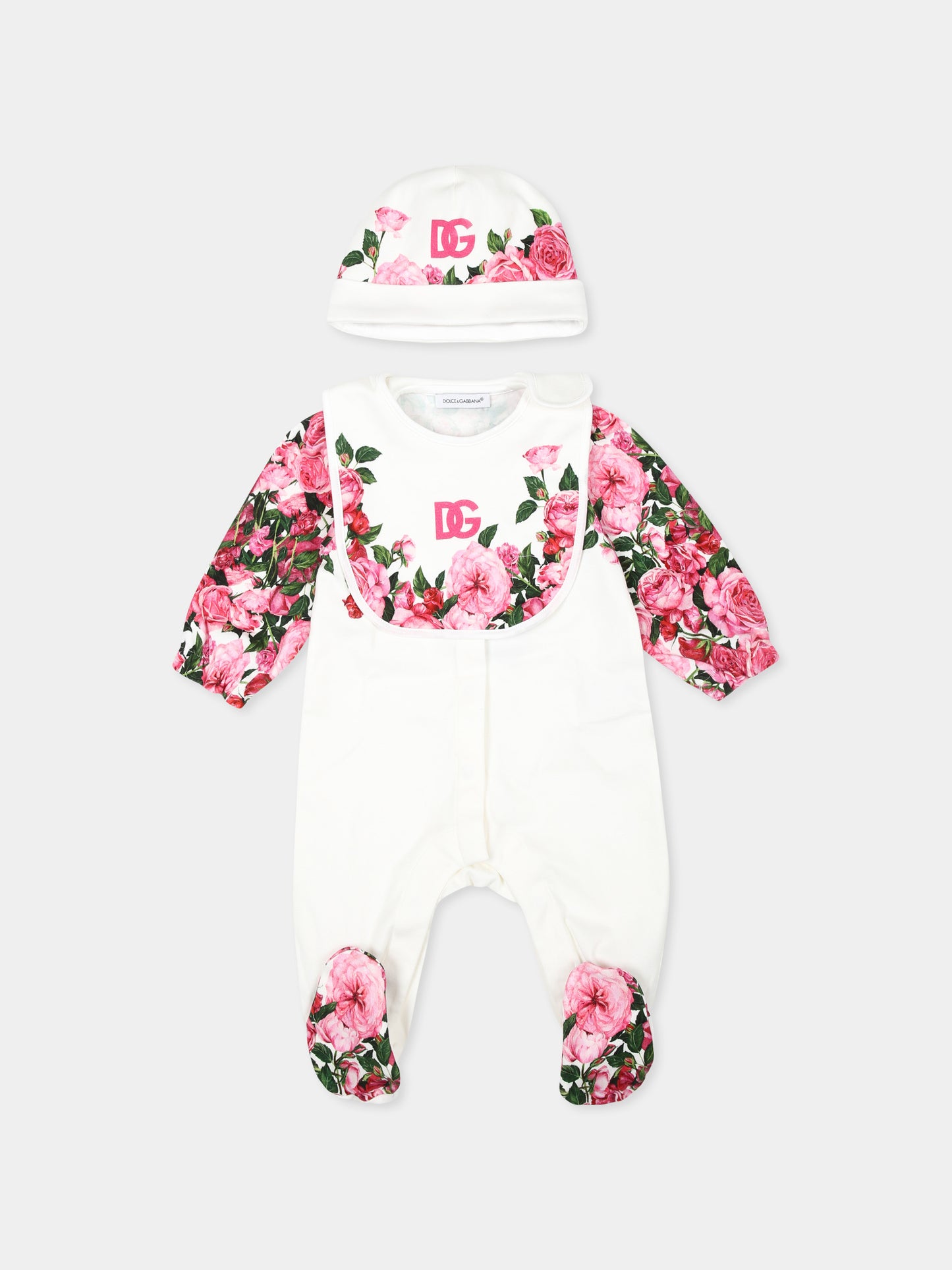 Set tutina bianca per neonata con logo DG e stampa rose,Dolce & Gabbana Kids,L2JO2Y II7E8 HW412