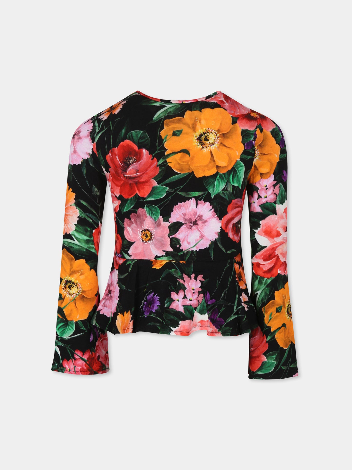 T-shirt nera con stampa fiori per bambina,Dolce & Gabbana Kids,L5JTOC FSG89 HN5GN