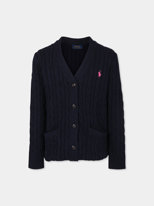 Cardigan blu per bambina con cavallino,Ralph Lauren Kids,950765001