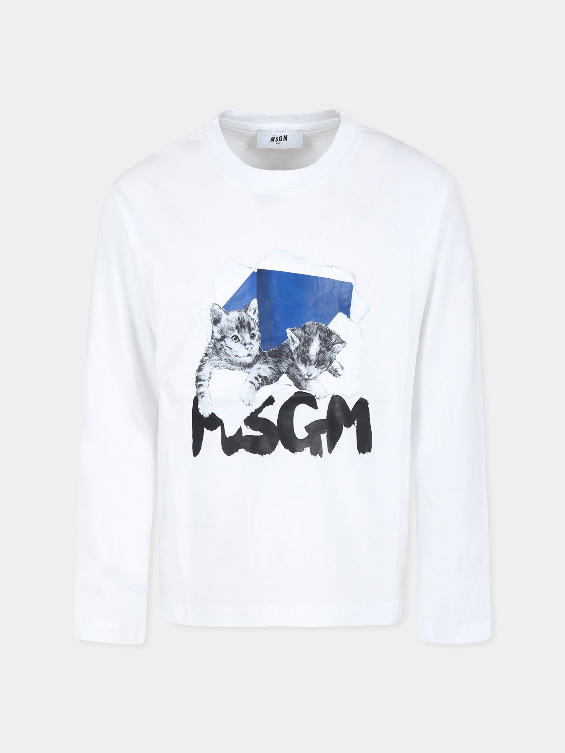 T-shirt bianca per bambina con logo e gatti,Msgm Kids,F4MSJGTH223 001