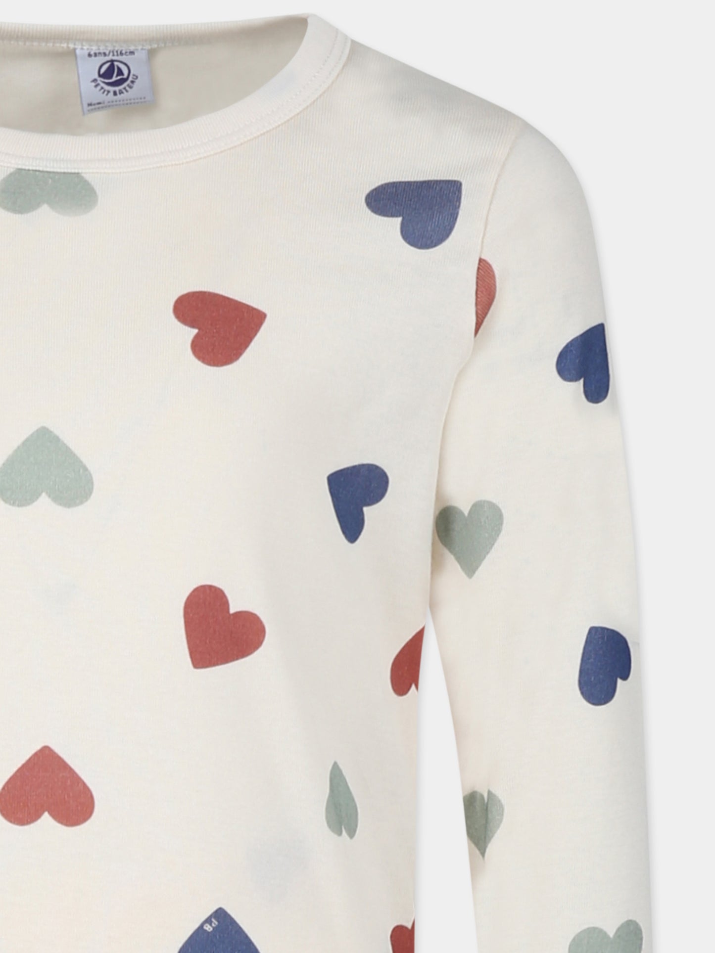 Pigiama avorio per bambina con cuori,Petit Bateau,A0AU0 AVALANCHE/MULTICO 01