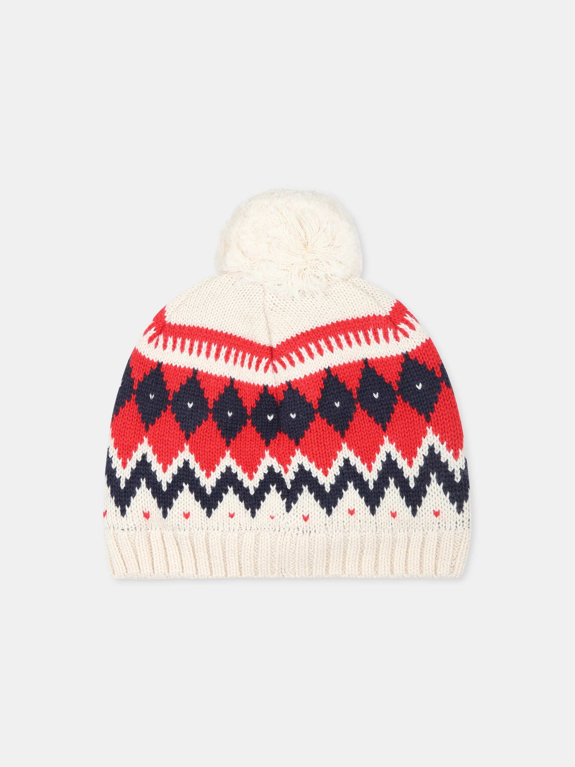 Cappello avorio con pom pon per neonati,Petit Bateau,A0BZU AVALANCHE/MULTICO 01