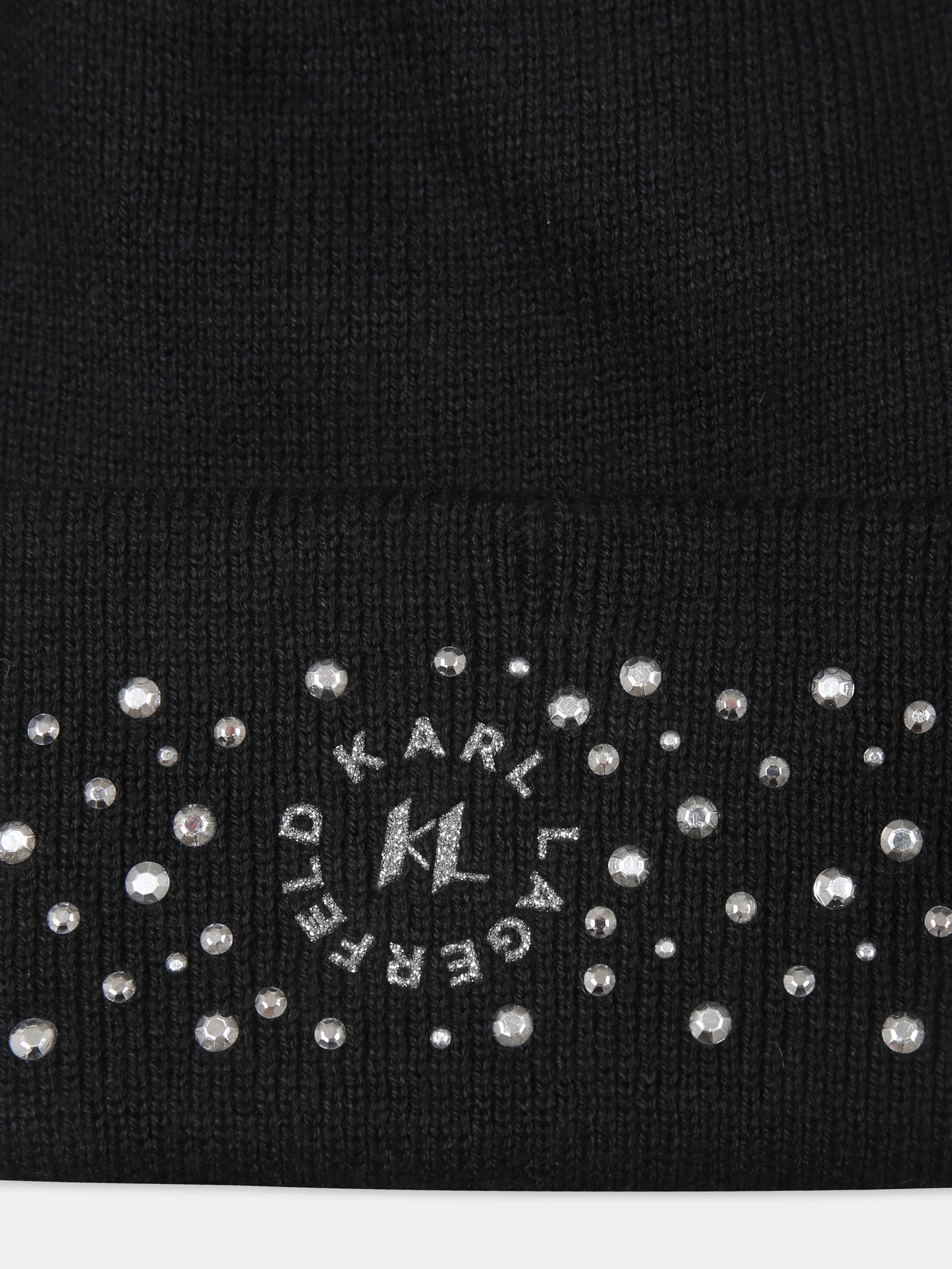 Berretto nero per bambina con strass e logo,Karl Lagerfeld Kids,Z30330 09B