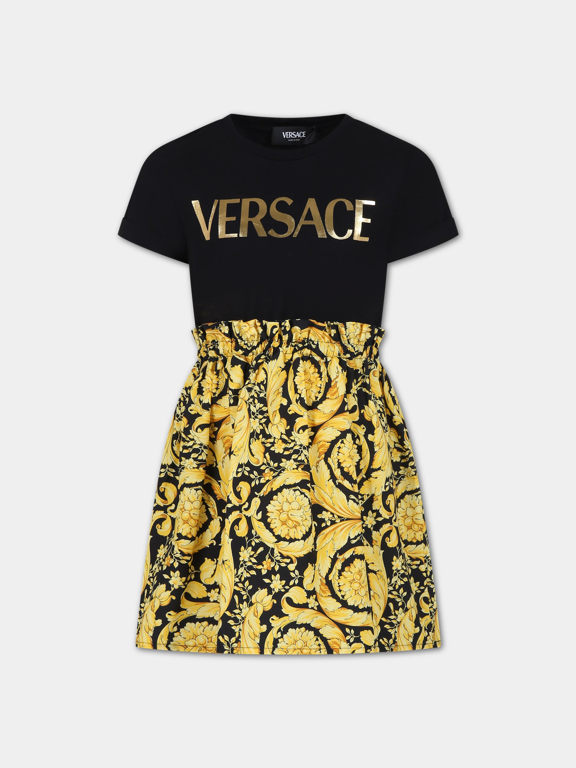 Vestito nero per bambina con logo Versace e stampa barocco,Versace,1000327 1A10104 2B130