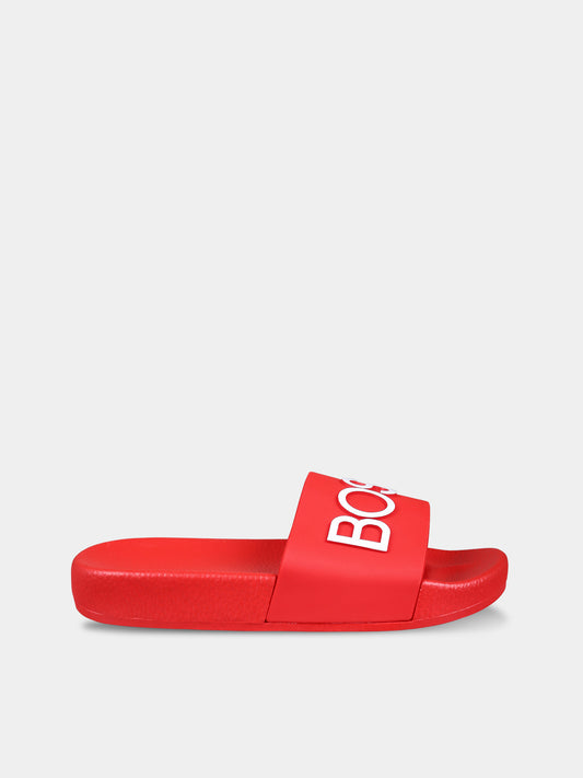 Ciabatte rosse per bambino con logo,Boss,J29325 991