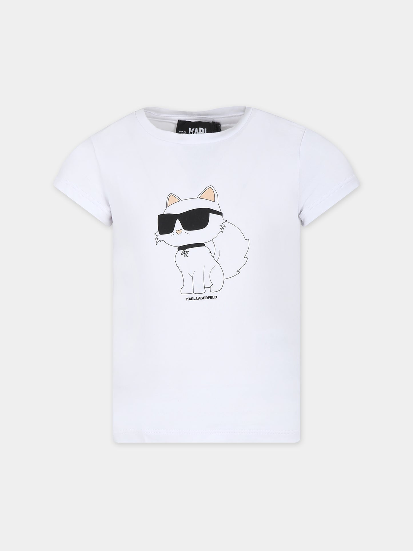 T-shirt bianca per bambina con stampa Choupette e logo,Karl Lagerfeld Kids,Z15416 10P