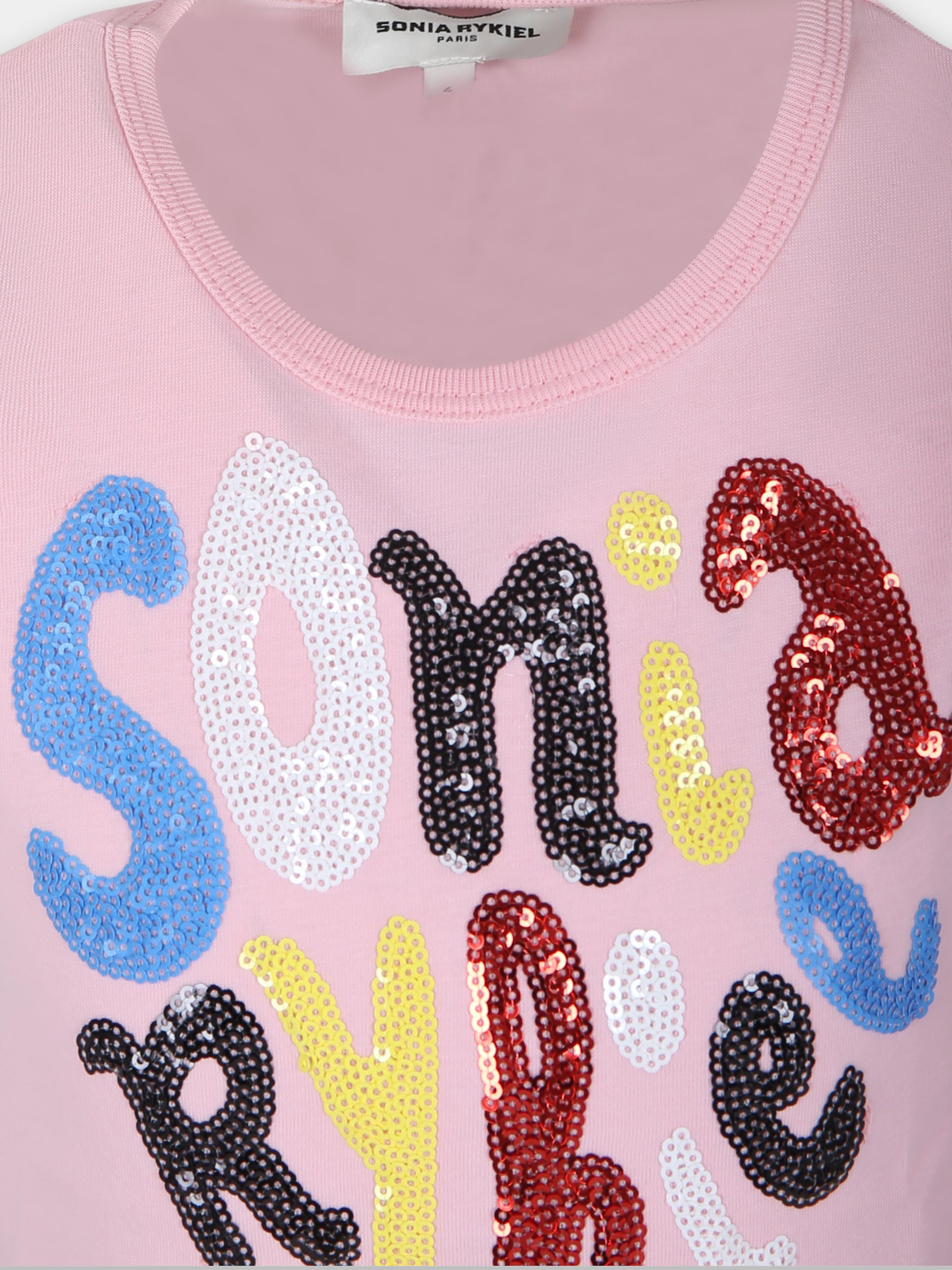 T-shirt rosa per bambina con logo e paillettes,Sonia Rykiel Paris,A15013 45T