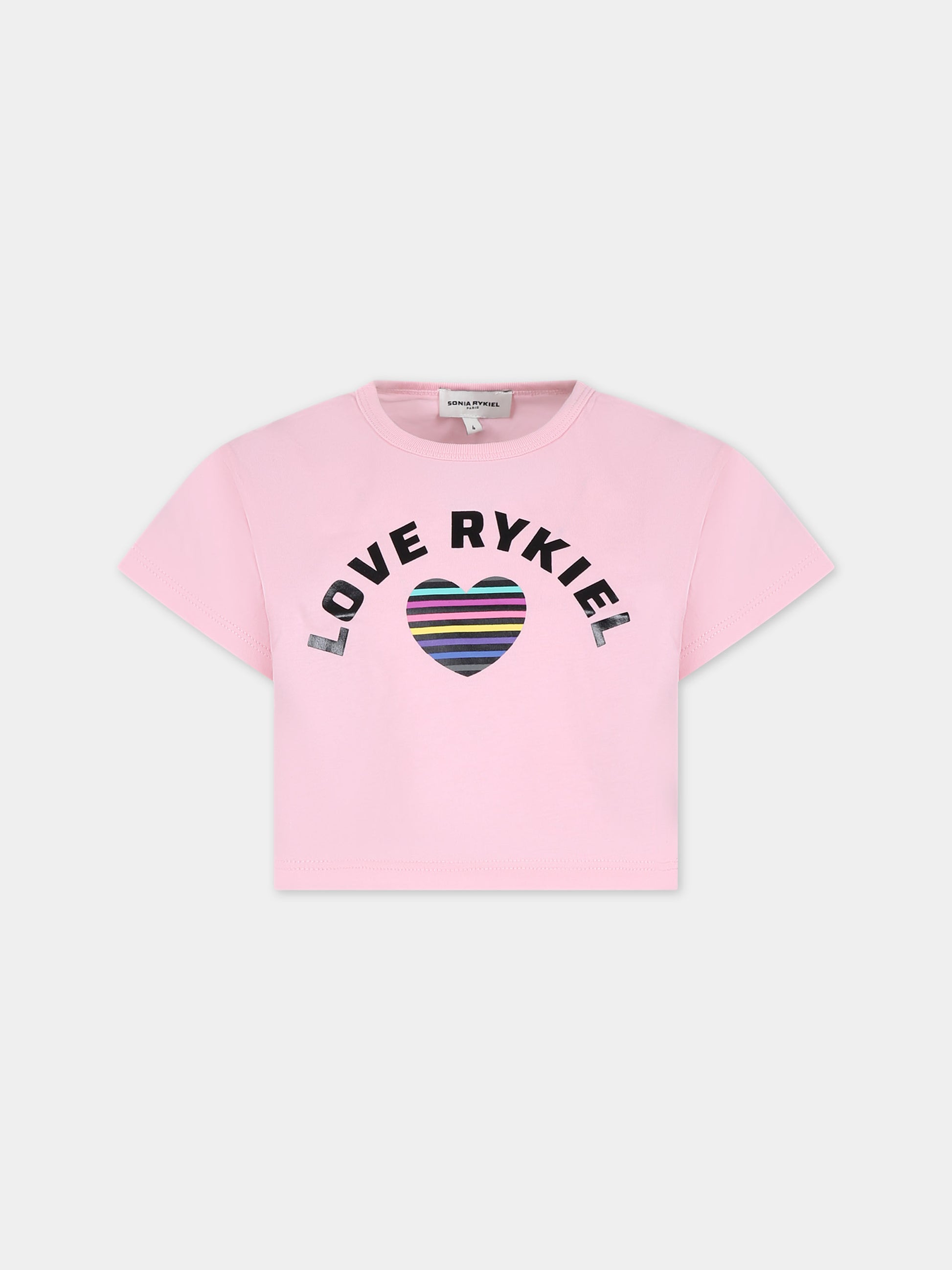 T-shirt crop rosa per bambina con logo e cuore,Sonia Rykiel Paris,A15015 45T