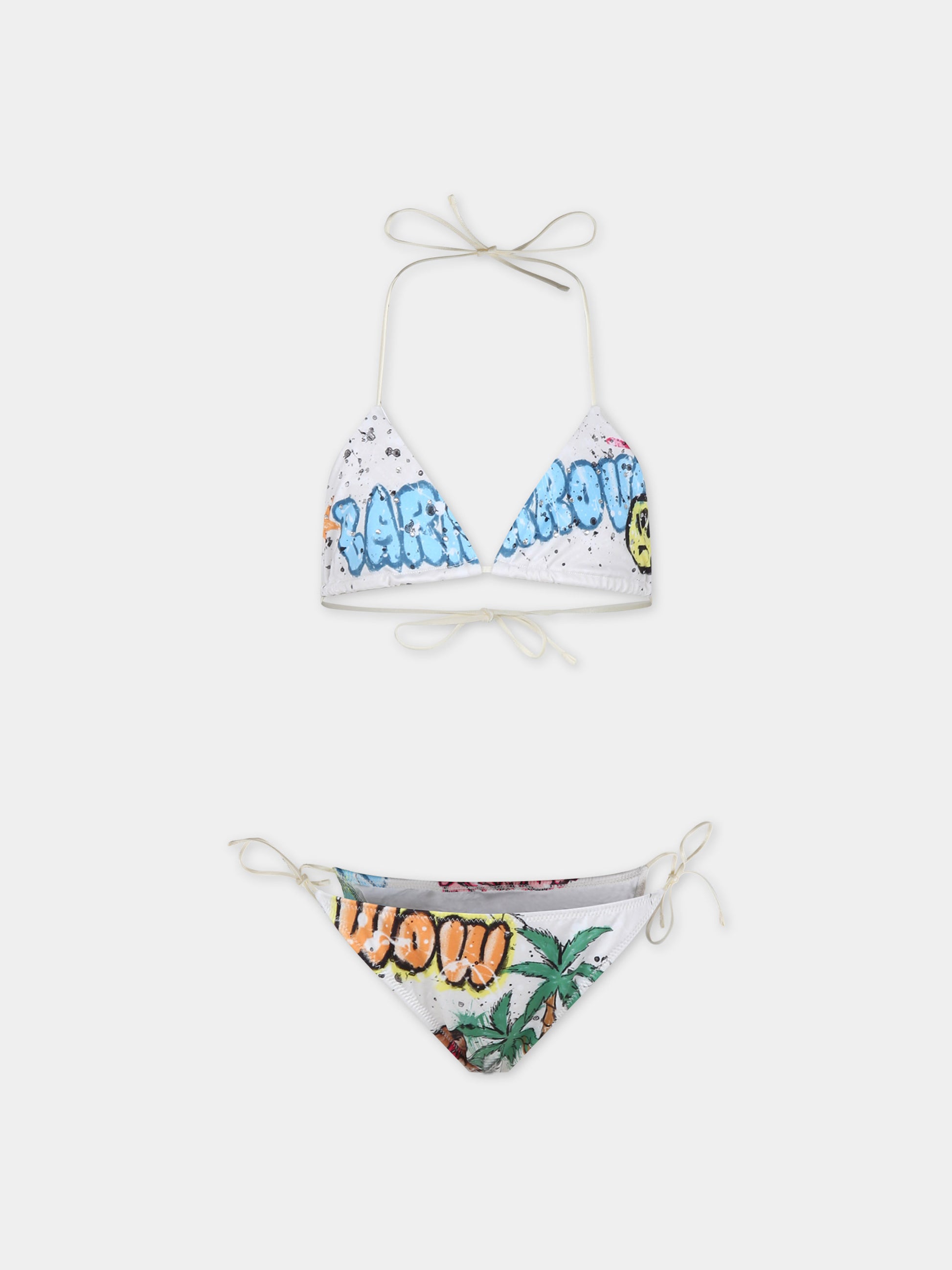 Bikini avorio per bambina con stampa palme e smile,Barrow,S4BKJGSB162 BW009