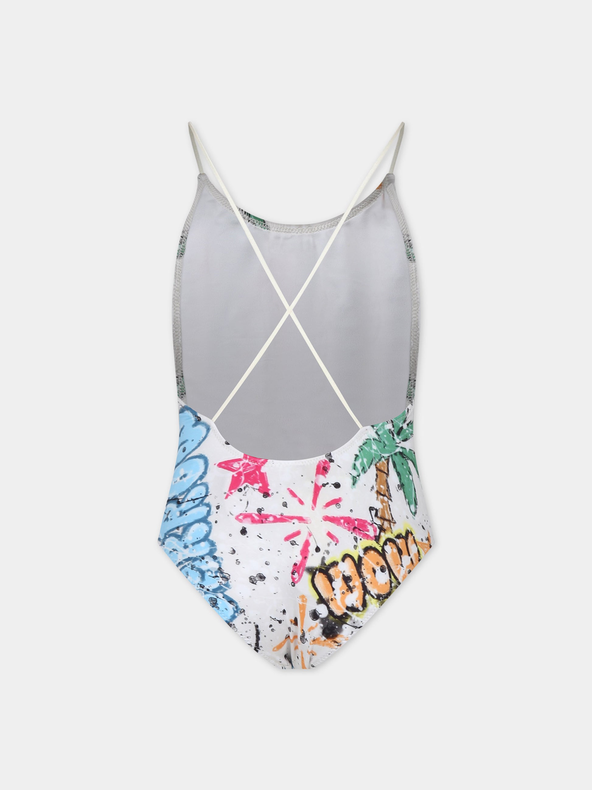 Costume intero avorio per bambina con stampa palme e smile,Barrow,S4BKJGSM157 BW009