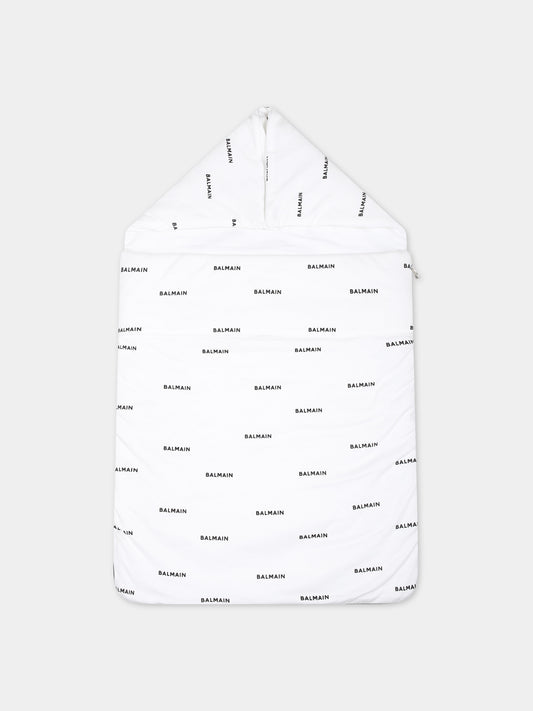 Sacco nanna bianco per neonati con logo all-over,Balmain Kids,6Q0A40 Z0199 100NE