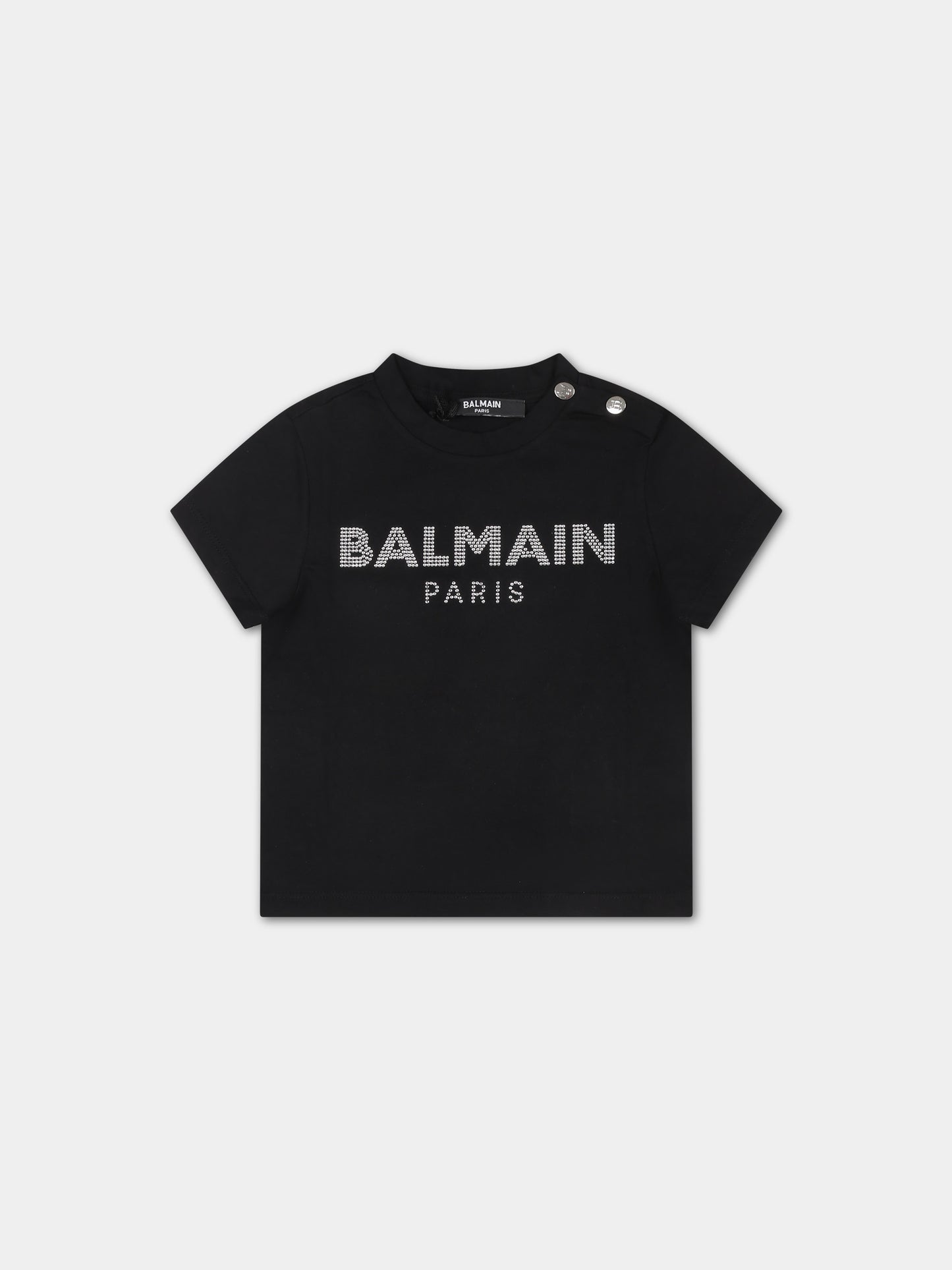 T-shirt nera per neonata con logo e strass,Balmain Kids,6Q8801 J0006 930