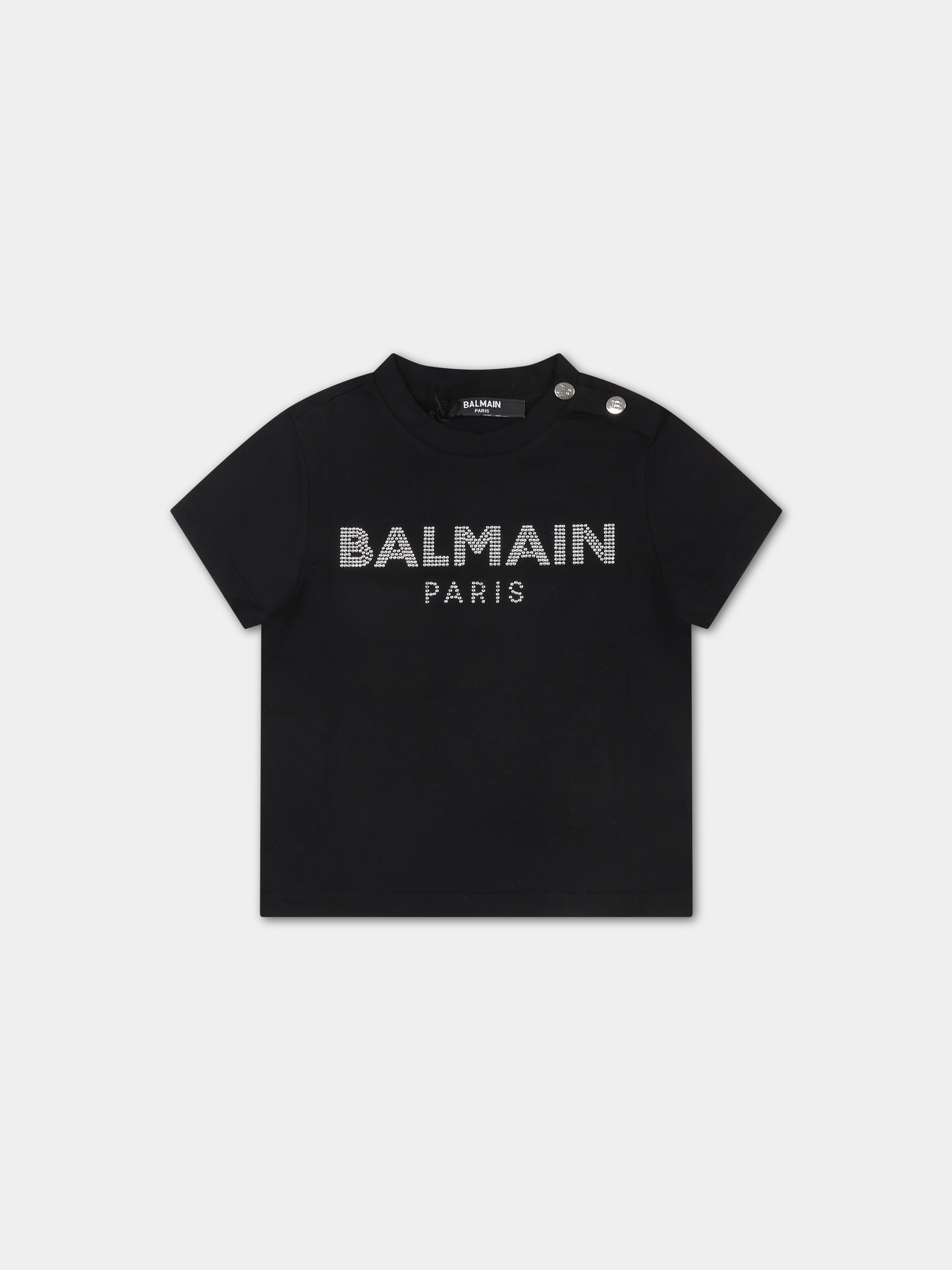 T-shirt nera per neonata con logo e strass,Balmain Kids,6Q8801 J0006 930