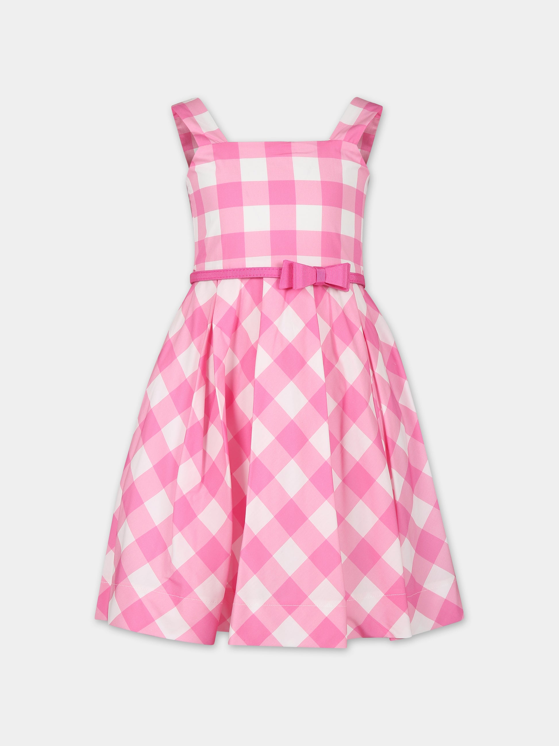 Vestito rosa per bambina con fiocco e stampa vichy,Monnalisa,11C935 3695 9993