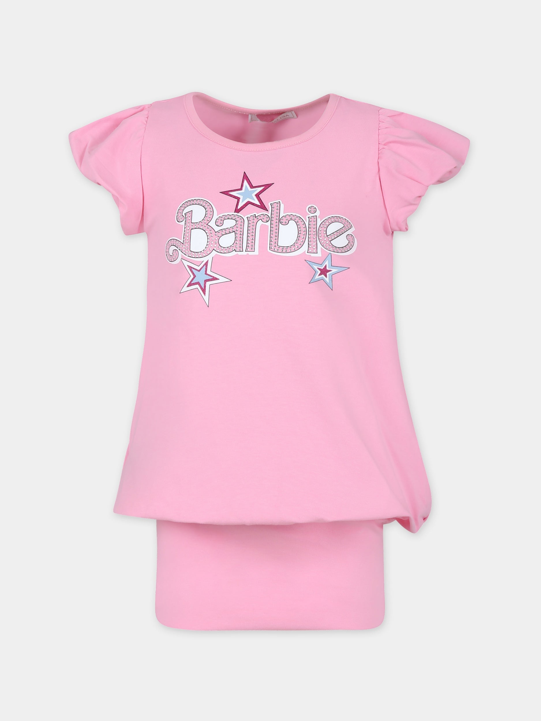 Vestito rosa per bambina con scritta e strass,Monnalisa,19C936 3011 0093
