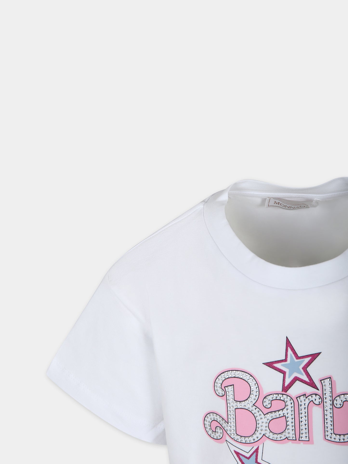 T-shirt crop bianca per bambina con scritta e strass,Monnalisa,19C636 3003 0099