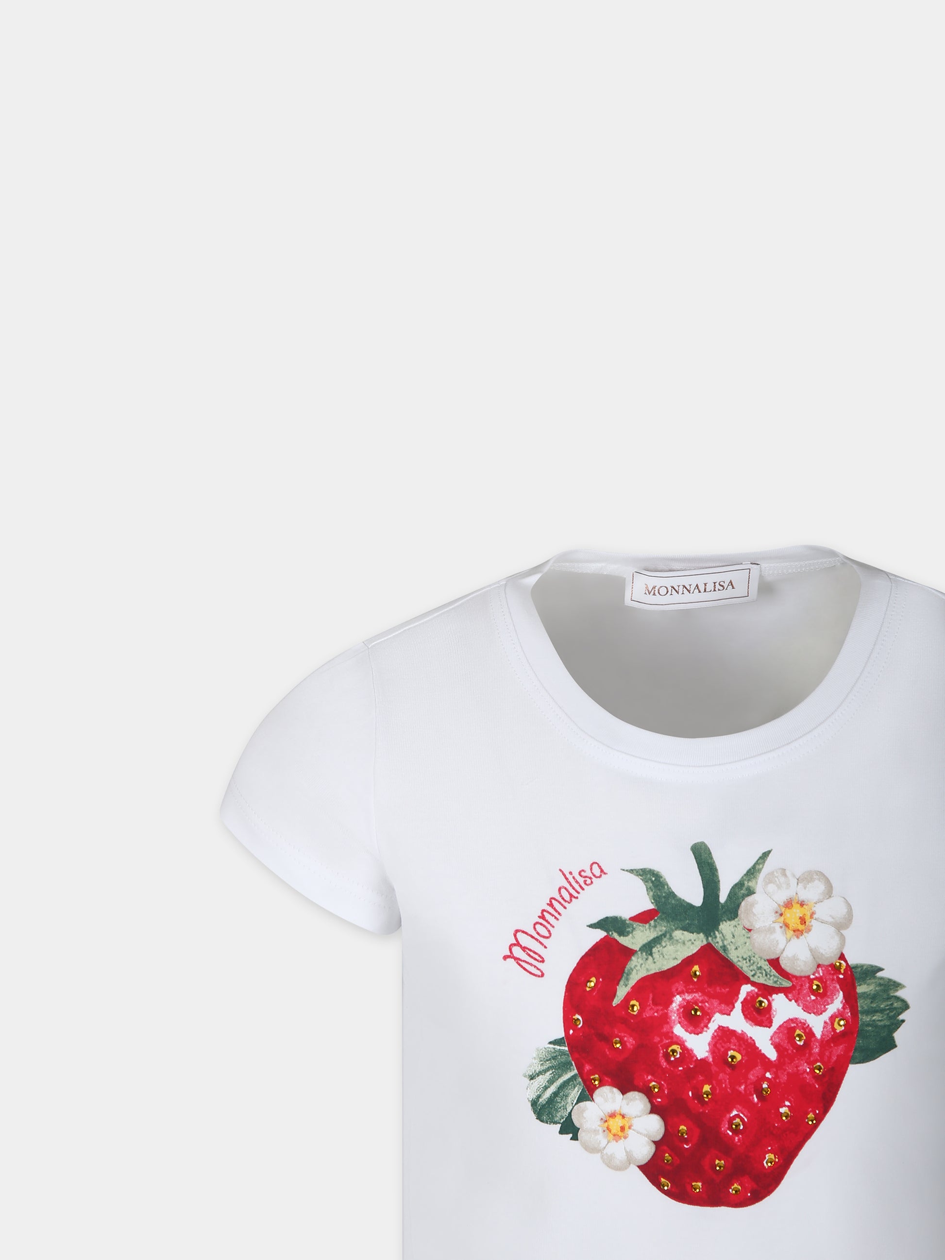 T-shirt bianca per bambina con stampa fragola,Monnalisa,11C623 3201 0099
