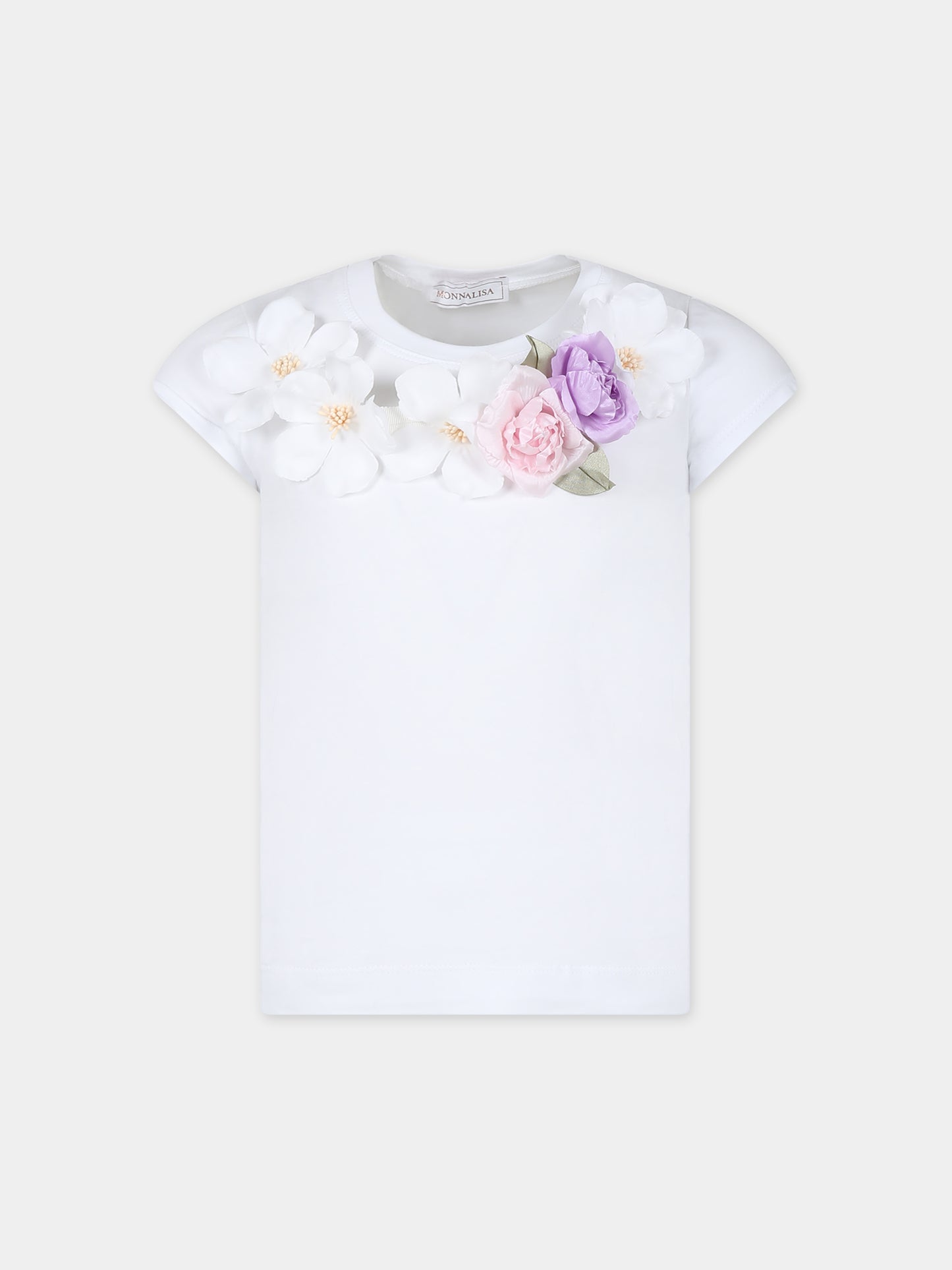 T-shirt bianca per bambina con fiori,Monnalisa,11C630 3201 0099