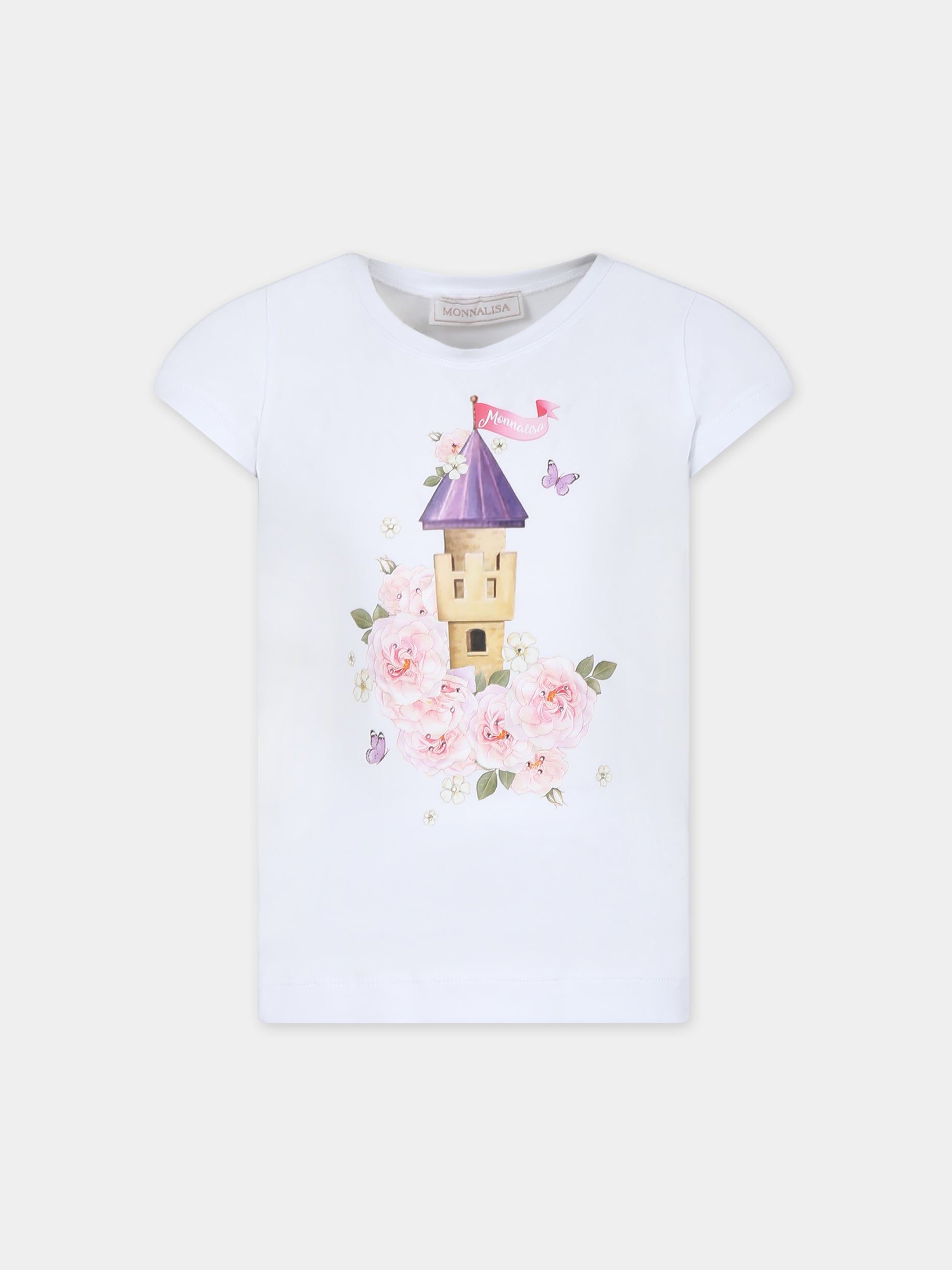 T-shirt bianca per bambina con stampa castello e logo,Monnalisa,19C631 3022 0099