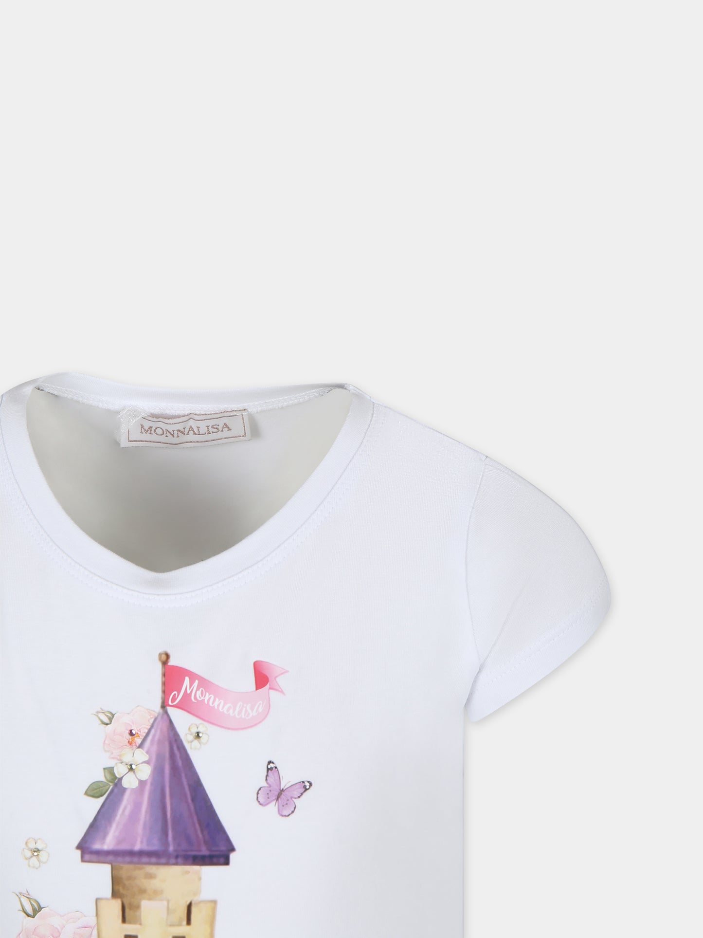 T-shirt bianca per bambina con stampa castello e logo,Monnalisa,19C631 3022 0099