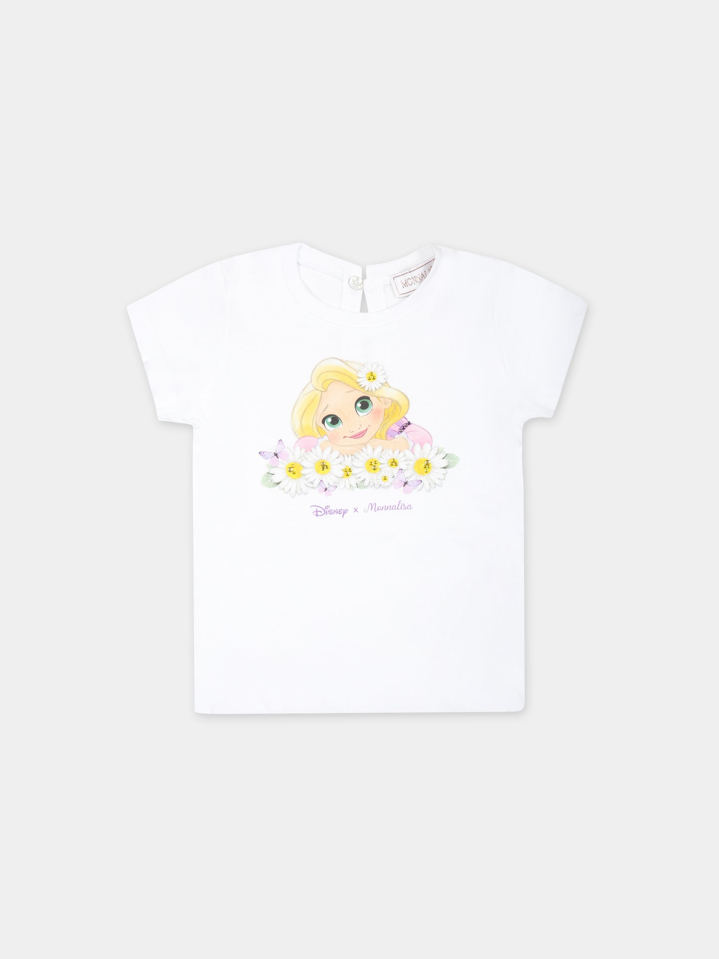T-shirt bianca per neonata con stampa Rapunzel e logo,Monnalisa,39C615 3003 0099