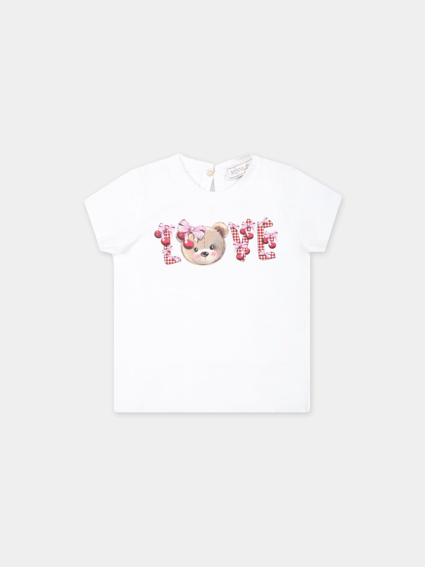 T-shirt bianca per neonata con stampa orso e scritta,Monnalisa,39C611 3003 9990