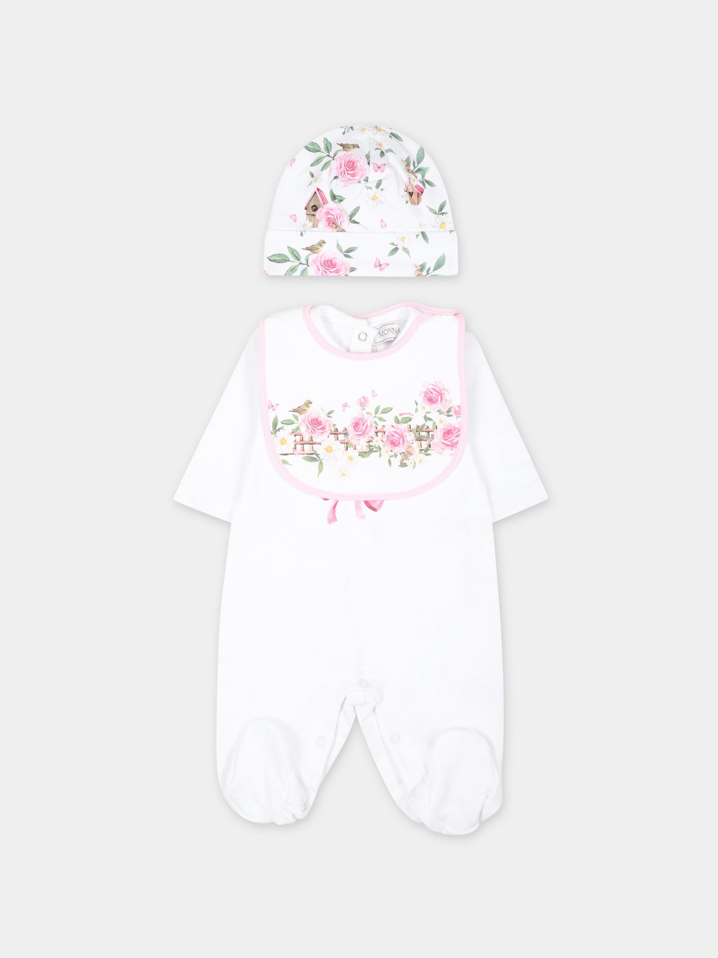 Set bianco per neonata con stampa fiori,Monnalisa,35C501 3000 0099