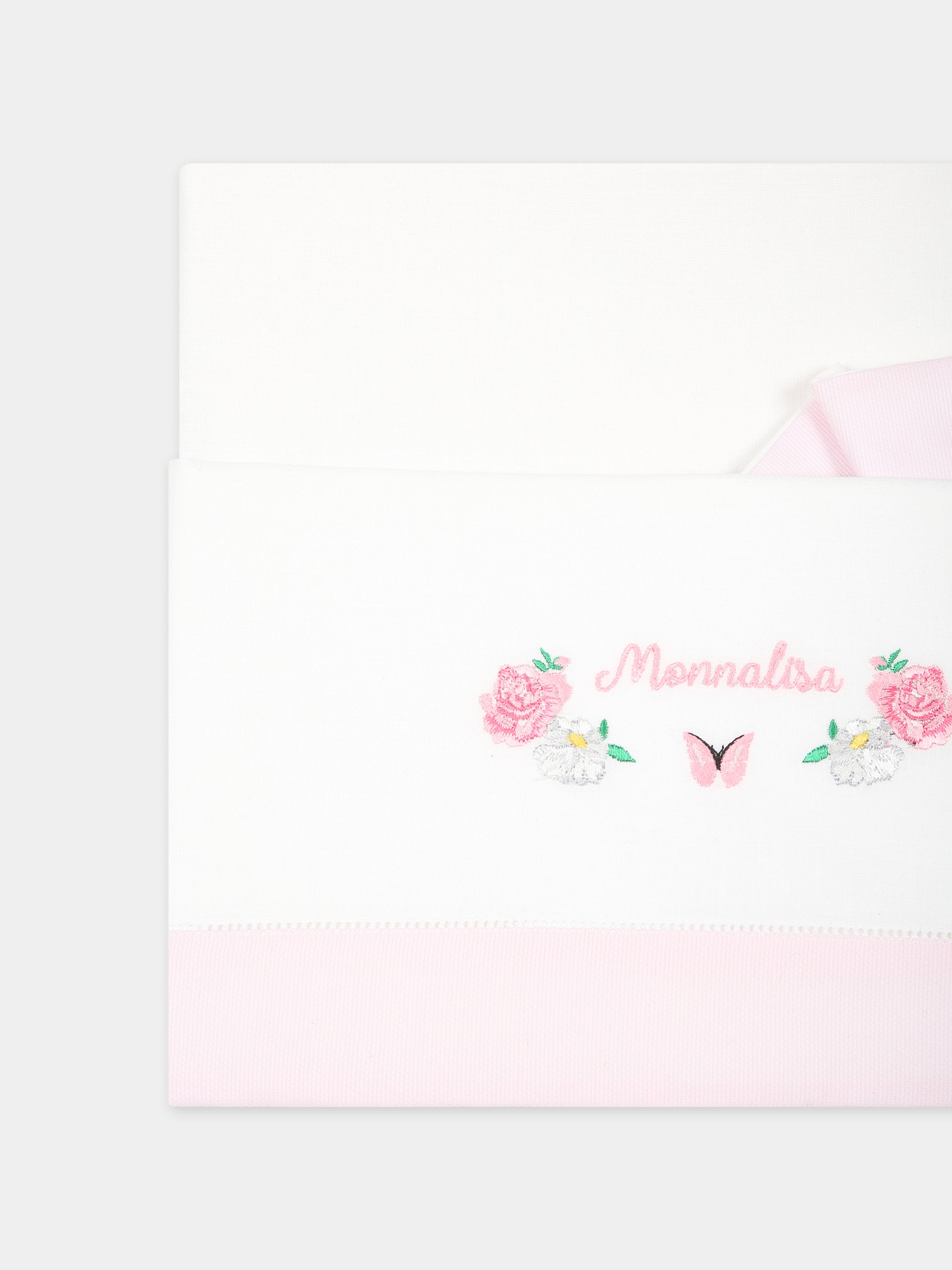 Set lenzuola bianche per neonata con fiori e logo,Monnalisa,35C004 3059 9990