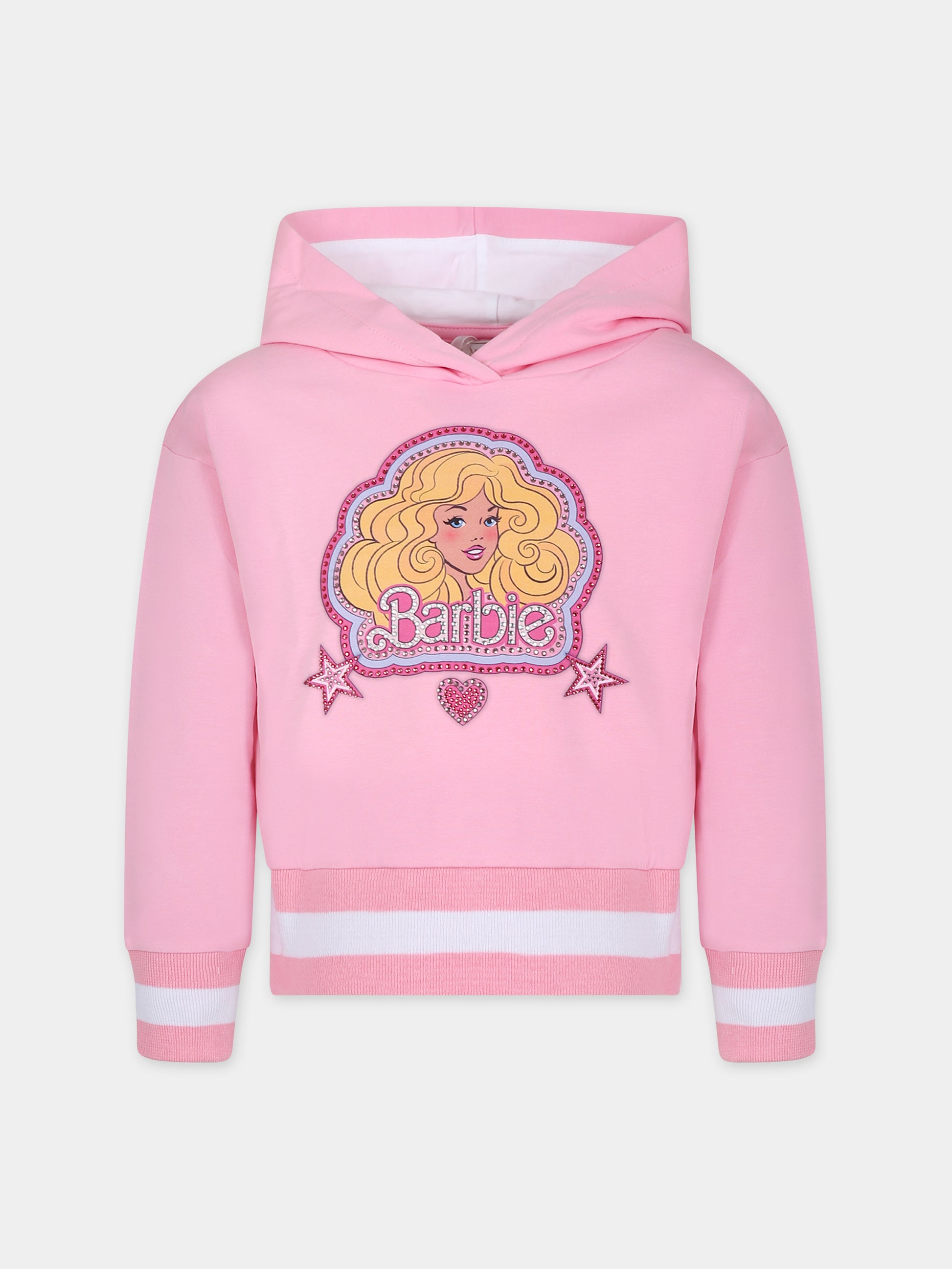 Felpa rosa per bambnina con stampa Barbie e strass,Monnalisa,19C637 3008 0093