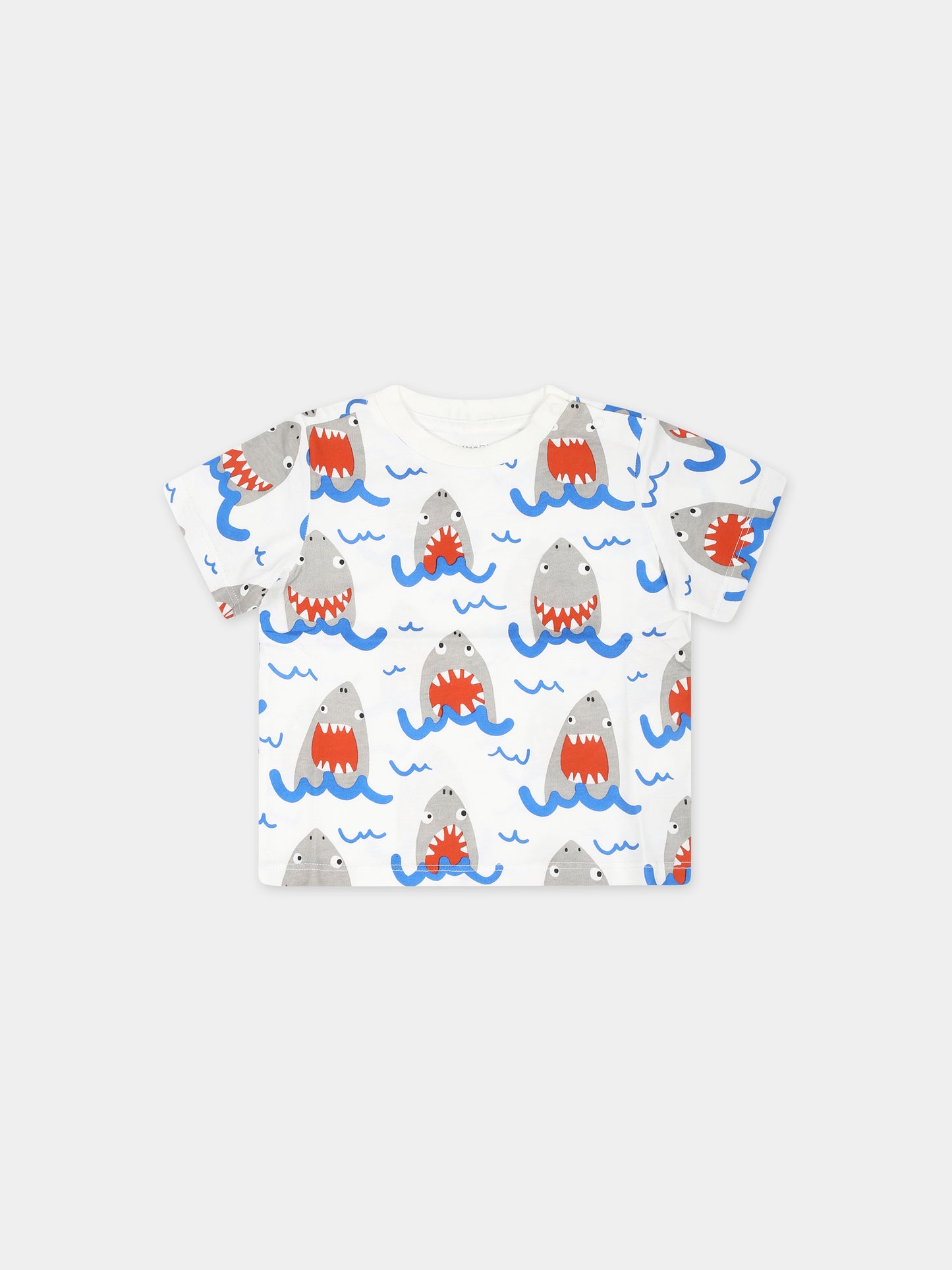 T-shirt bianca per neonato con stampa squalo all-over,Stella Mccartney Kids,TU8691 Z1861 101MC