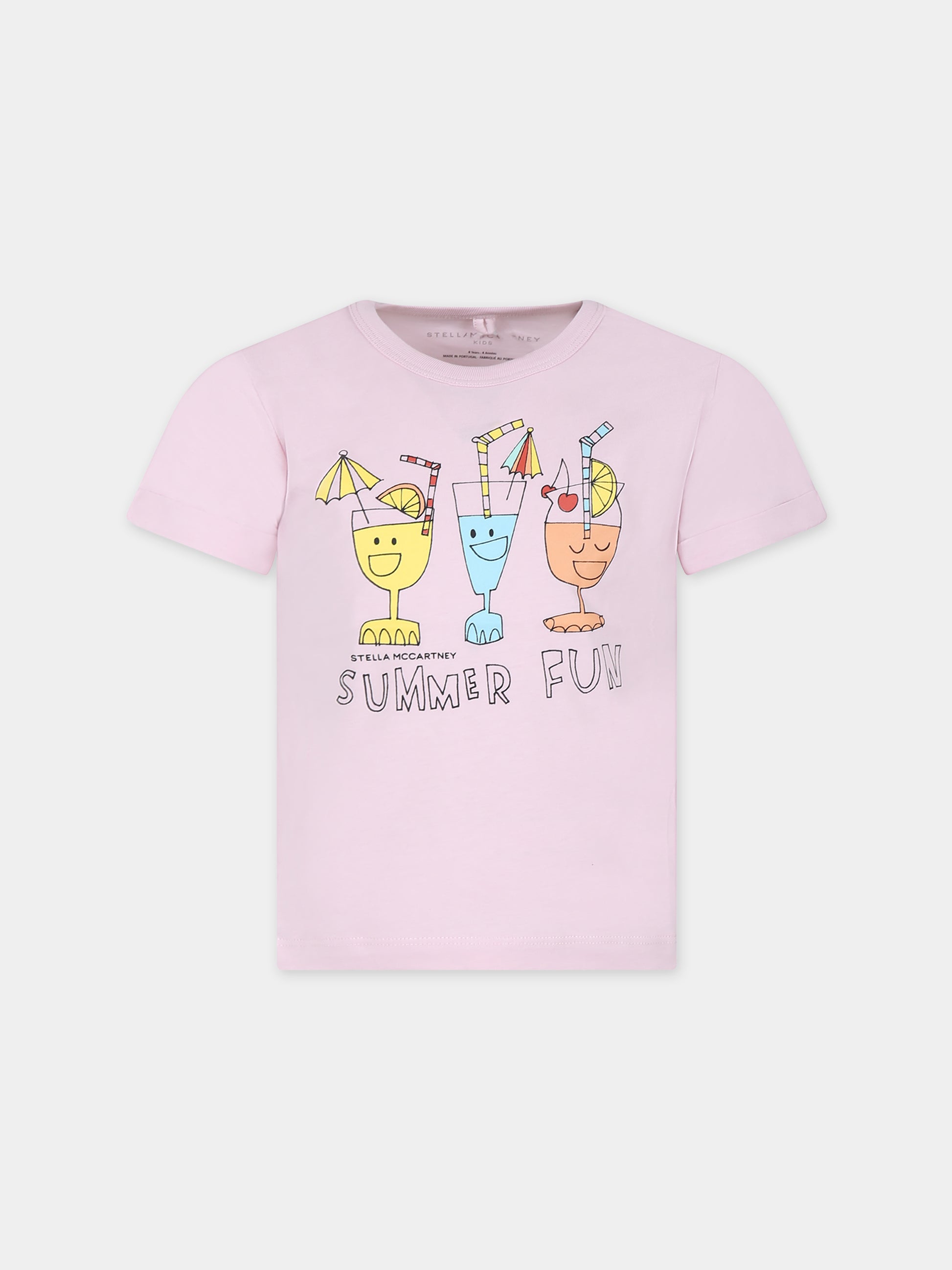 T-shirt rosa per bambina con stampa cocktail e scritta,Stella Mccartney Kids,TU8D21 Z0434 50H