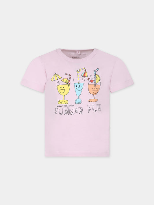 T-shirt rosa per bambina con stampa cocktail e scritta,Stella Mccartney Kids,TU8D21 Z0434 50H