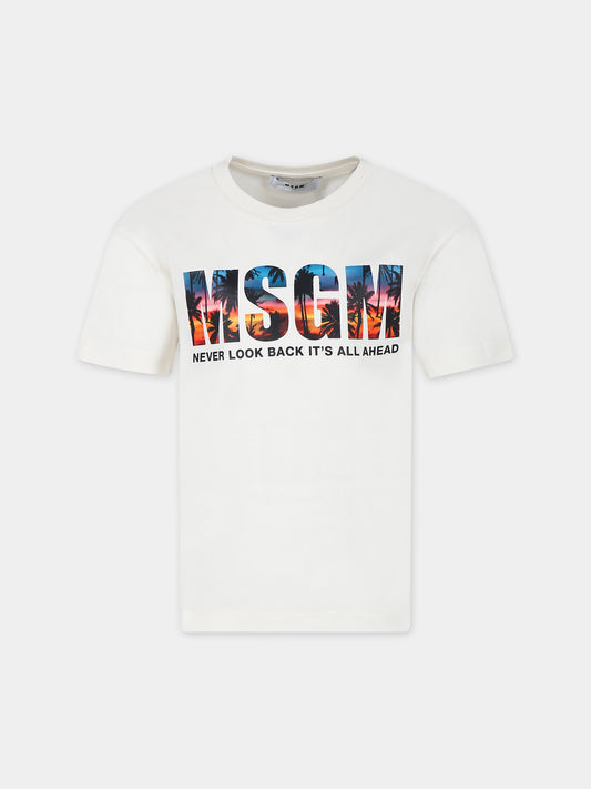 T-shirt avorio per bambino con logo e stampa palme,Msgm Kids,S4MSJBTH239 013