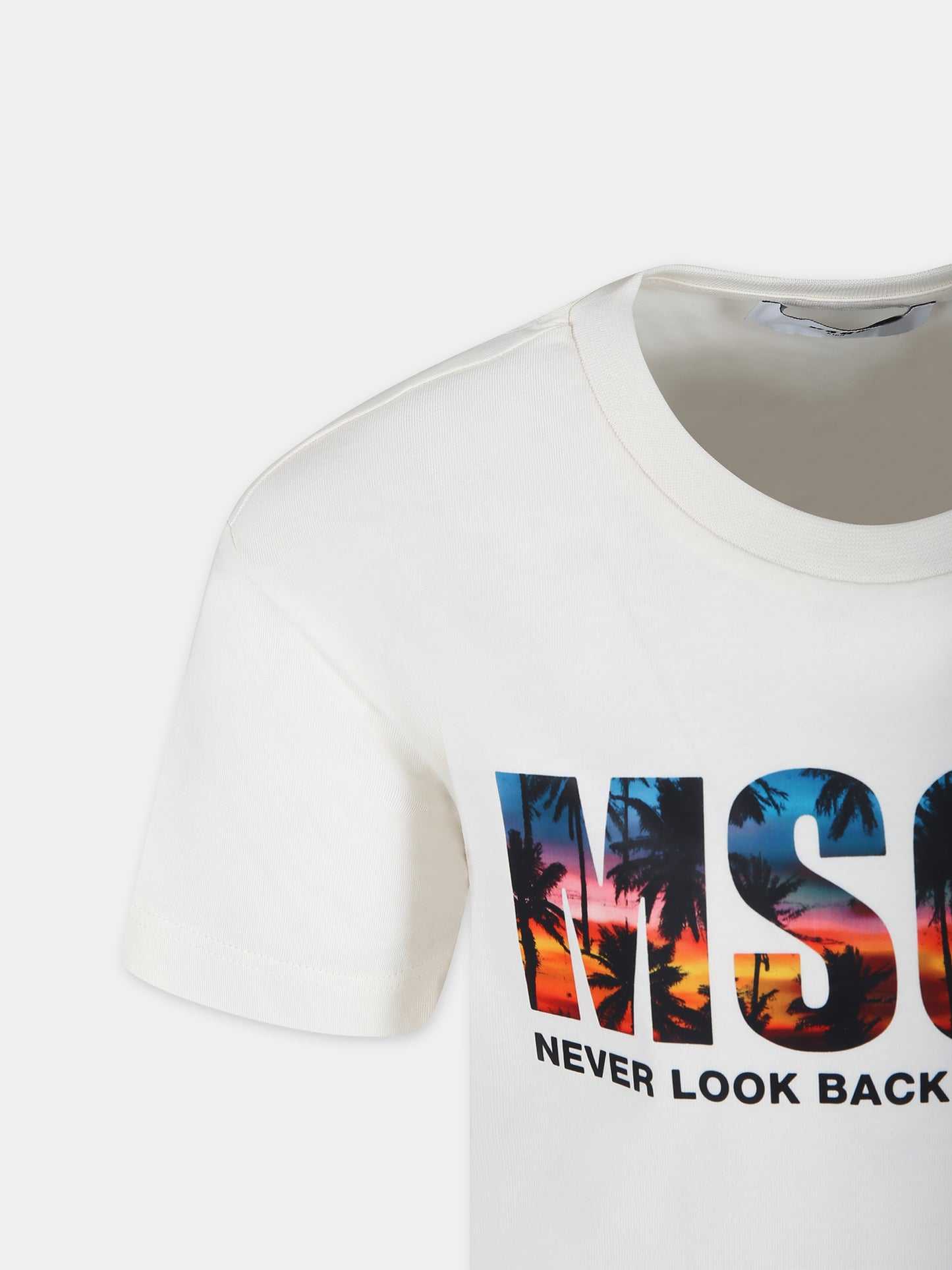T-shirt avorio per bambino con logo e stampa palme,Msgm Kids,S4MSJBTH239 013